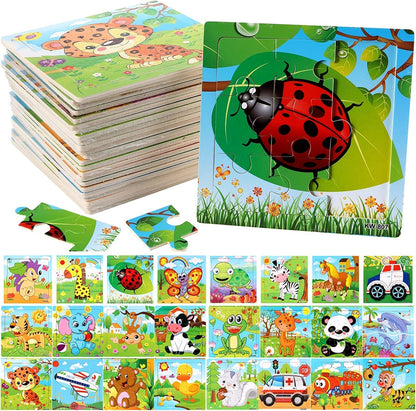 Yopay 24 Pack Wooden Puzzles for Kids,Mini Jigsaw Animal Puzzles Set for Kids Boys Girls, Early Preschool Educational Toys, 20 Animal Patterns + 4