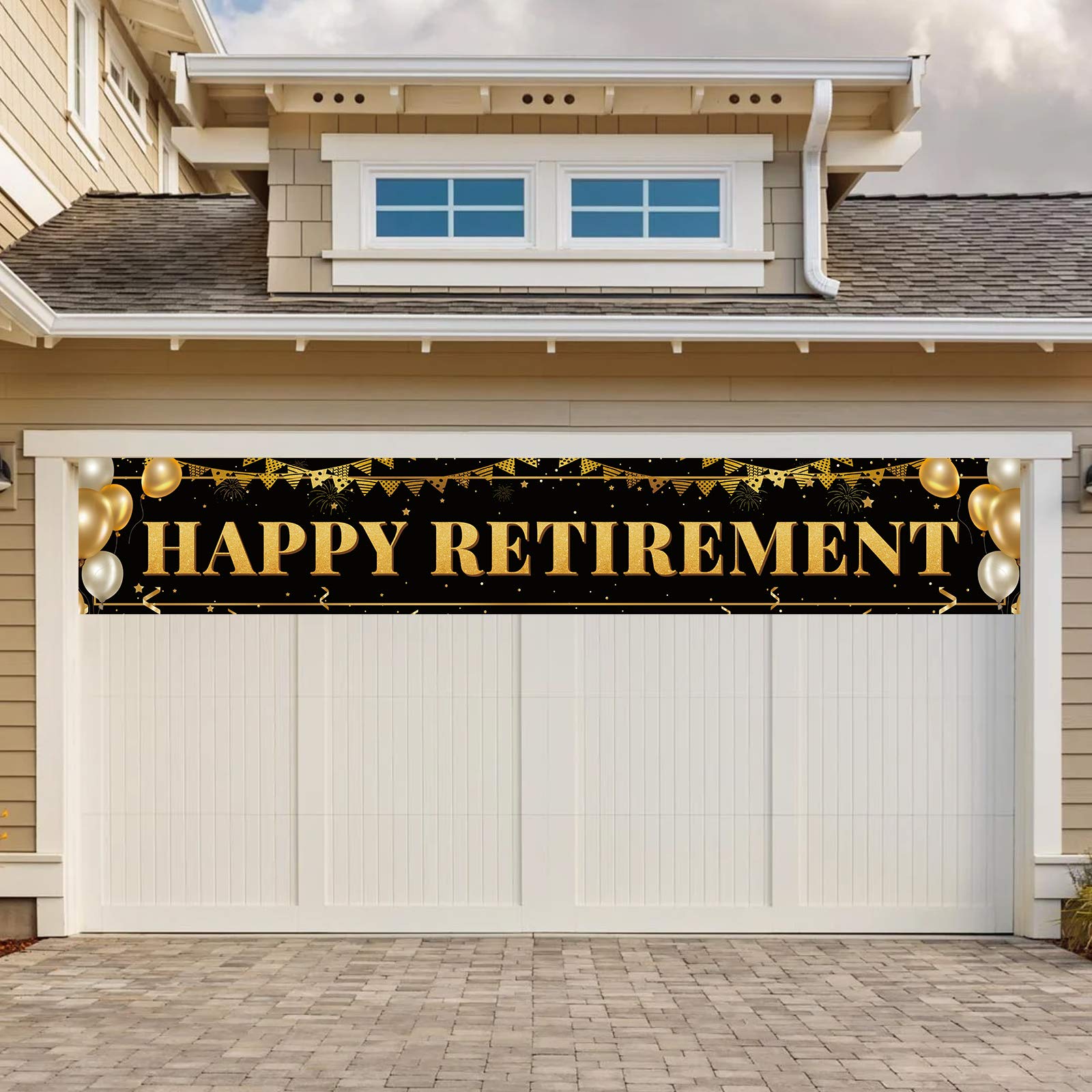 ANATANOWOR Large Happy Retirement Banner, Black and Gold Retirement Banner Sign, Party Decorations Supplies (9.8x1.6ft)
