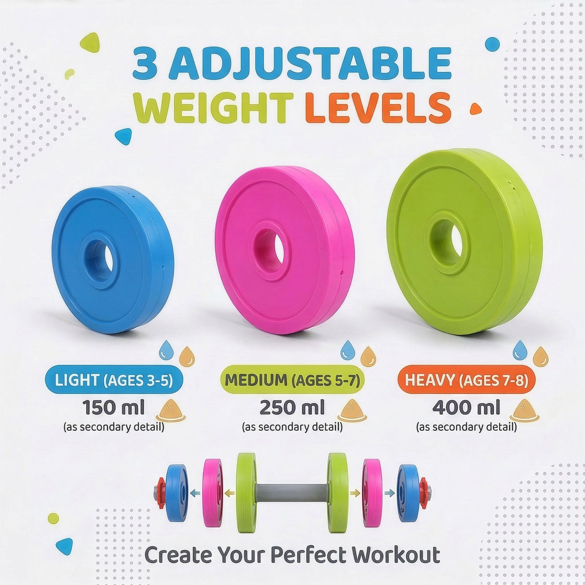 Kids Workout Dumbbell Weights Set - Toddler Toy Gym Equipment for Pretend Play Lifting, Exercise & Fitness - Adjustable Fill with Sand or Water (2