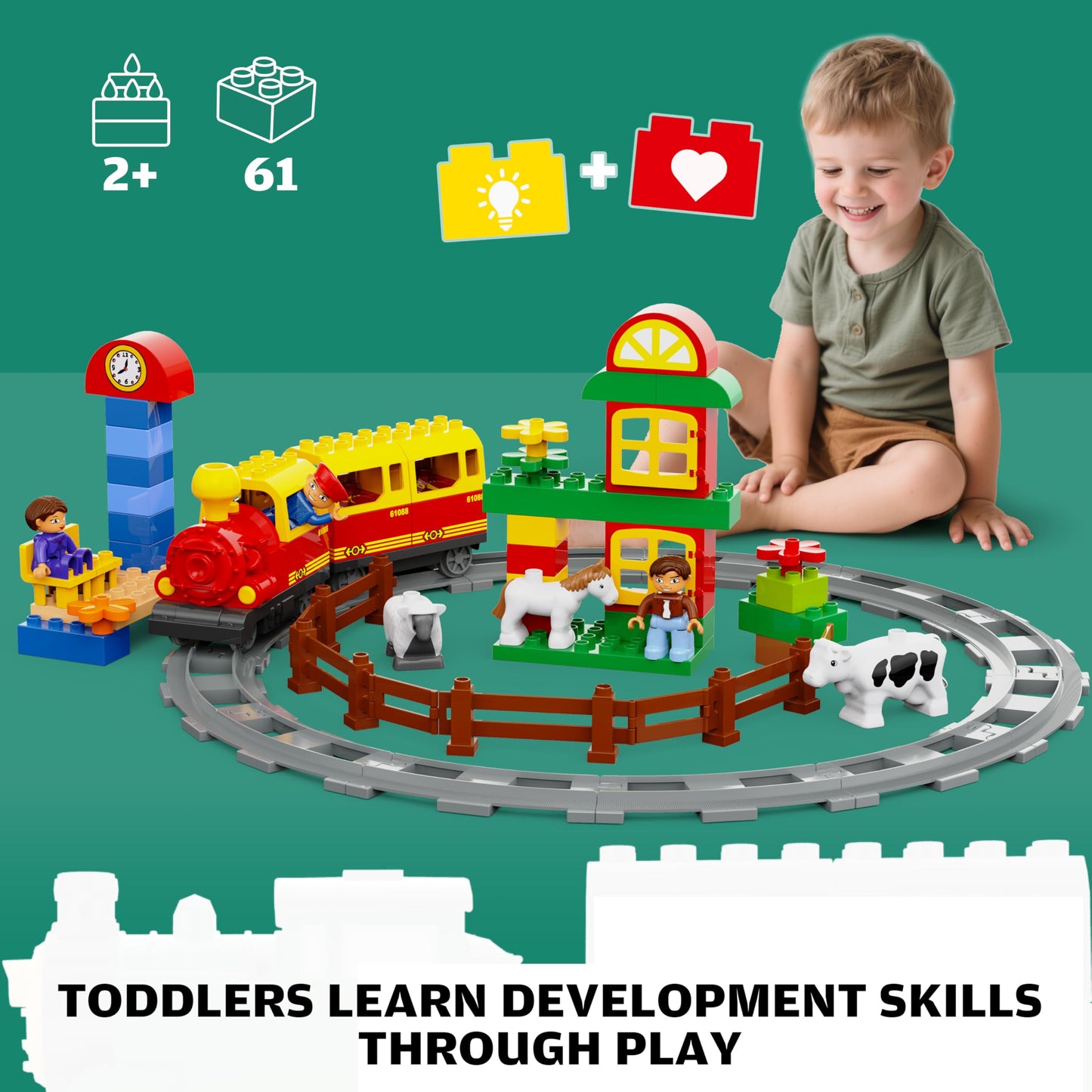 Electric Train Toys w/Farm Animals Set/Toy Trains Set for Toddlers & Kids w/Music, Lights & Tracks, DIY Classic Big Building Blocks Compatible