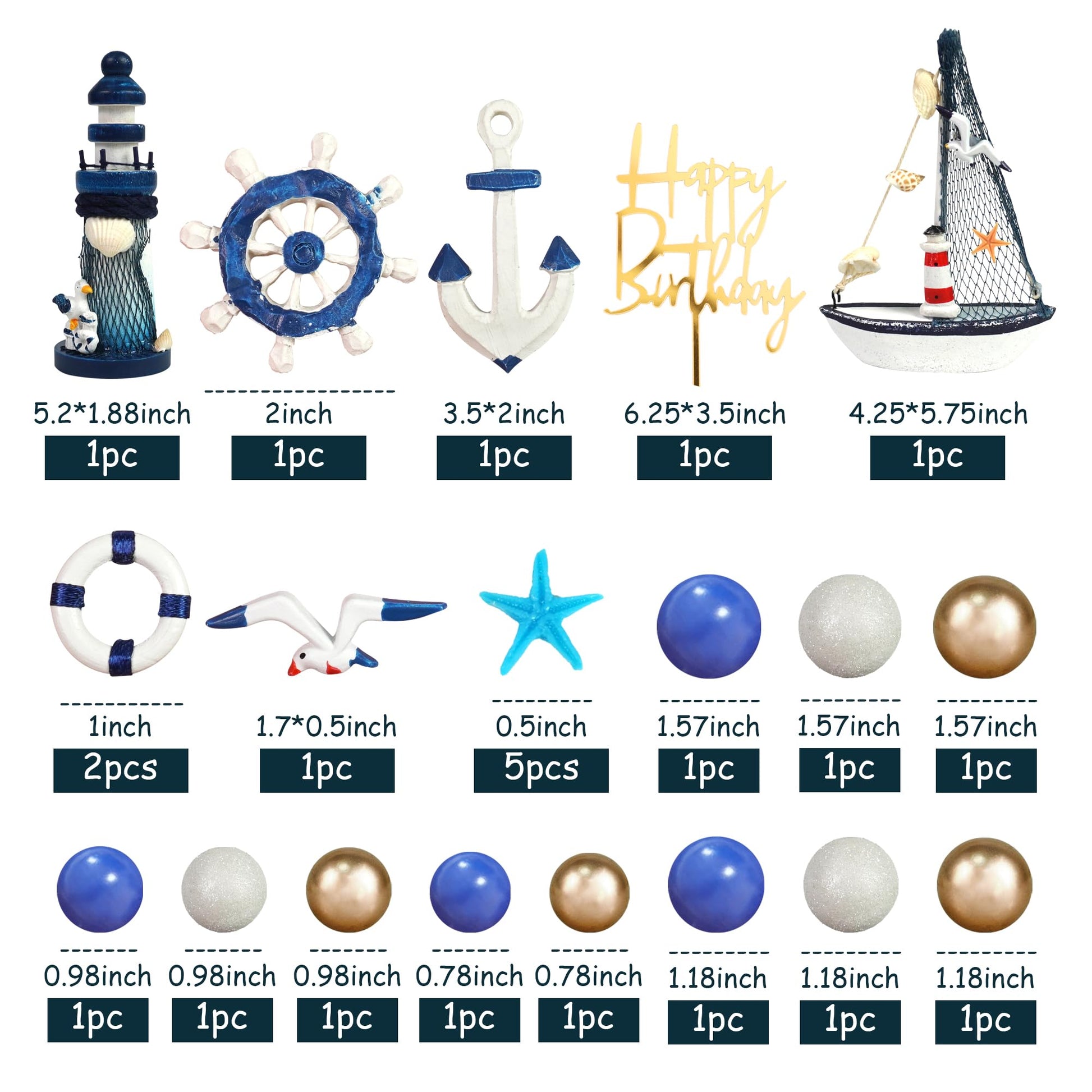 Nautical Cake Topper Ship Lighthouse Blue White Ball Cake Toppers Seagulls Anchor Rudder Cake Decorations for Nautical Theme Birthday (Style 01)