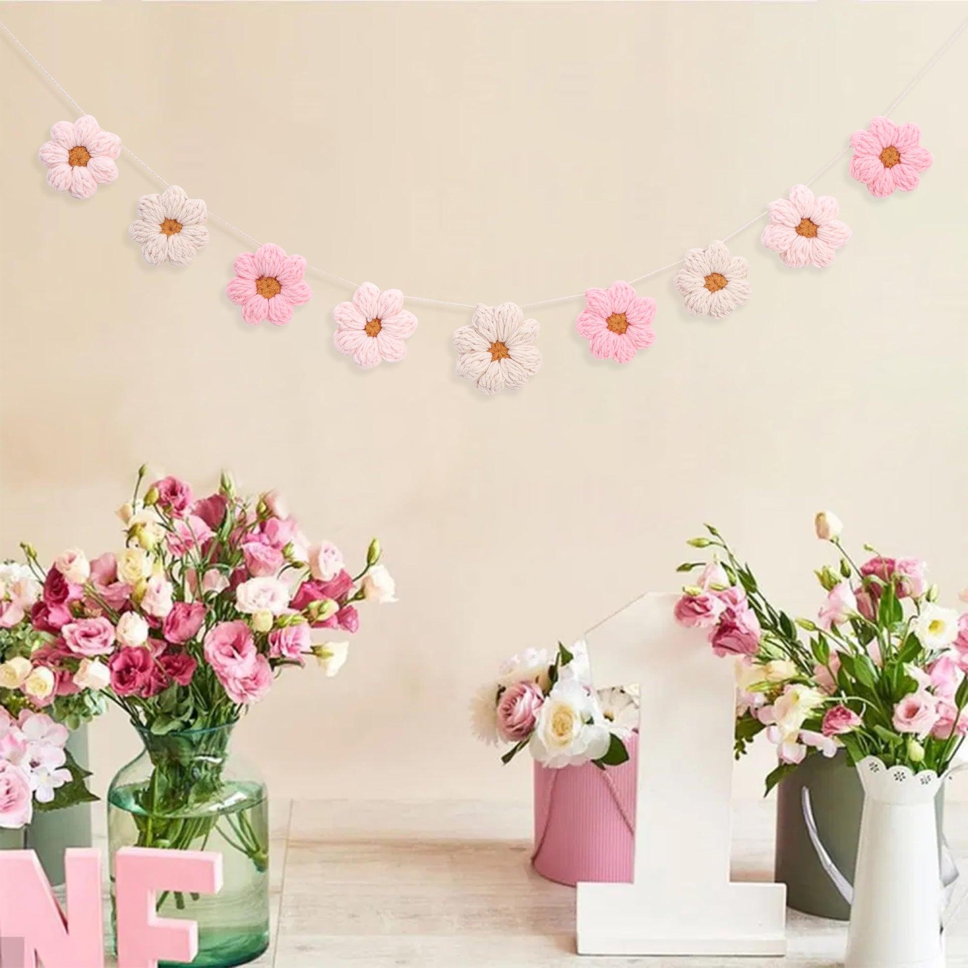 Boho Crochet Daisy Garland - Pink and Beige Yarn Floral Banner for Baby Girl Nursery Decor, Handmade Daisy Garland for Birthday Party, Boho Room Wall