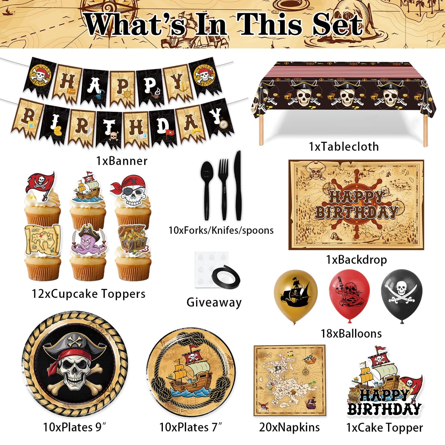 Heidaman 120Pcs Pirate Party Decorations?Pirate Birthday Decorations,Pirate Themed Party Decorations,Set Include?Balloons,Backdrop,Banner, Cake