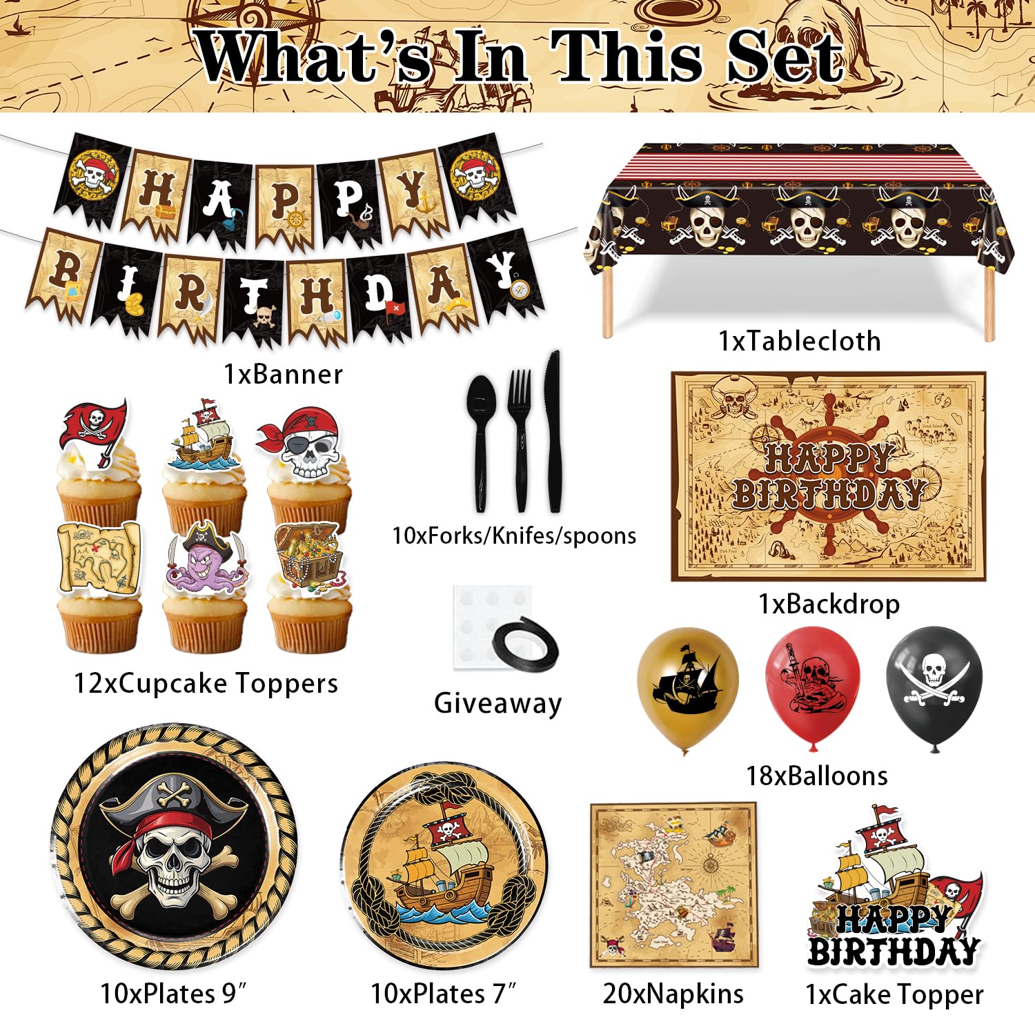 Heidaman 120Pcs Pirate Party Decorations?Pirate Birthday Decorations,Pirate Themed Party Decorations,Set Include?Balloons,Backdrop,Banner, Cake
