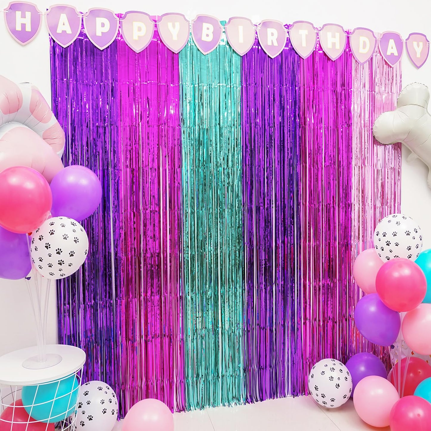 Pink Paw Puppy Patrol Birthday Decorations for Girls, 2 Pack Pinky Paw Party Photo Booth Prop, Purple Pink Teal Fringe Curtains Photo Streamers