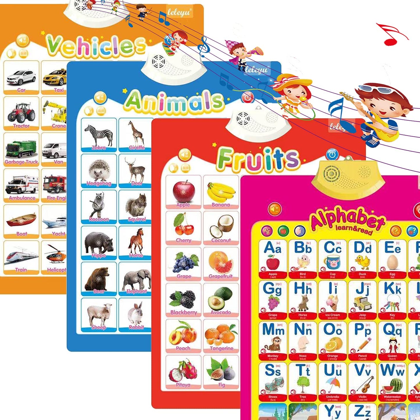 4Pcs Electronic Interactive Alphabet Wall Chart for Kids, ABC Learning for Toddlers, Learning Toys for Toddlers, Talking ABC Animal Vehicles