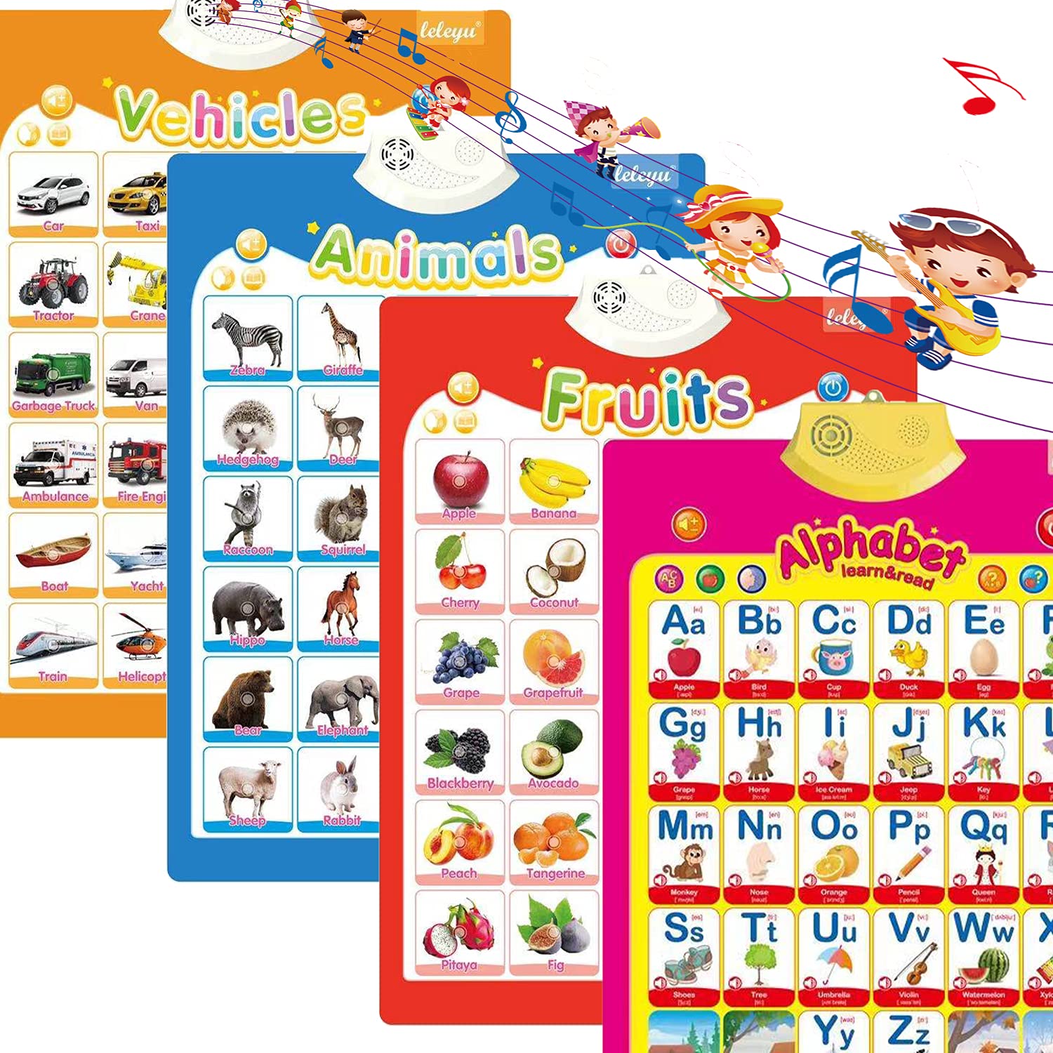 4Pcs Electronic Interactive Alphabet Wall Chart for Kids, ABC Learning for Toddlers, Learning Toys for Toddlers, Talking ABC Animal Vehicles