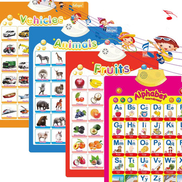 4Pcs Electronic Interactive Alphabet Wall Chart for Kids, ABC Learning for Toddlers, Learning Toys for Toddlers, Talking ABC Animal Vehicles