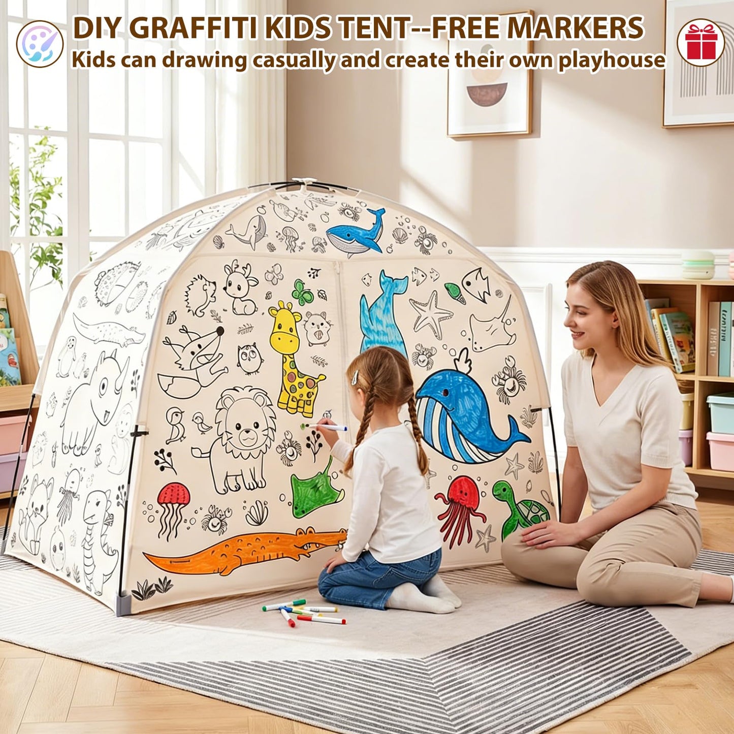 GOLDEN MARS Large Kids Tent with Graffiti DIY Painting, Portable & Foldable Easy Set Up Kids Play Tent, 100% Breathable Twin Bed Tents for Boy Girl