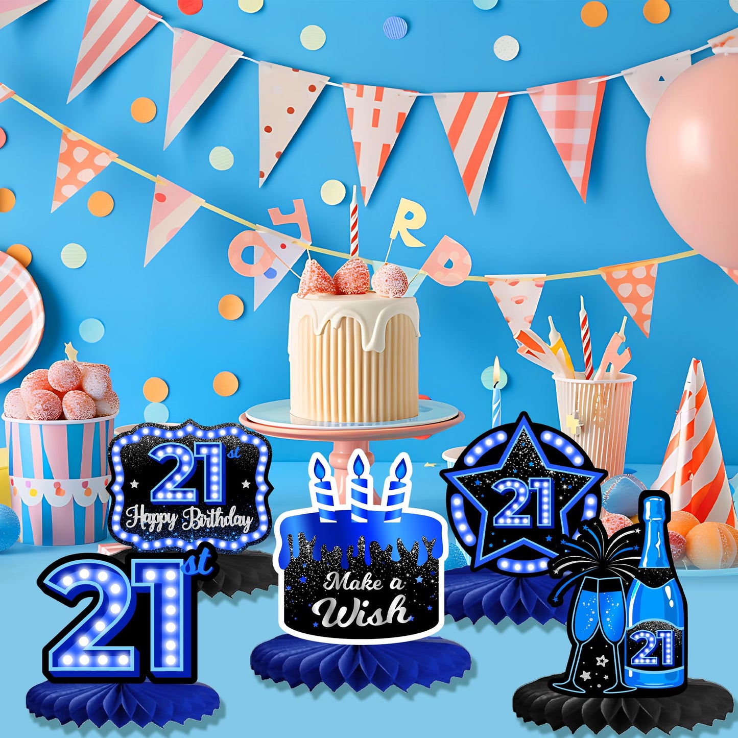 Happy 21st Birthday Honeycomb Centerpieces 9Pcs Stylish Sophisticated Blue Neon Theme Table Decor for Boys Girls Birthday Party Celebration Favors