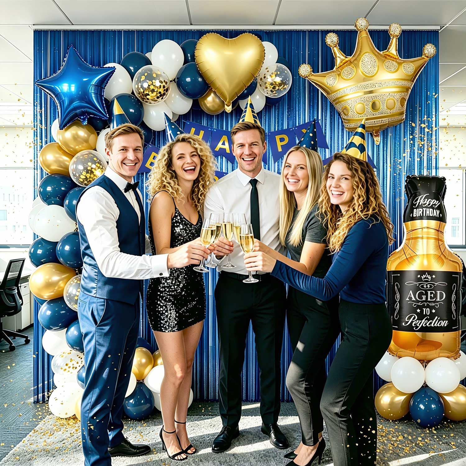 MSMANCY Navy Blue Birthday Decorations for Men, Happy Bithday Banner Foil Balloons Gold White Confetti Balloons for Men Boy Adults Birthday Party