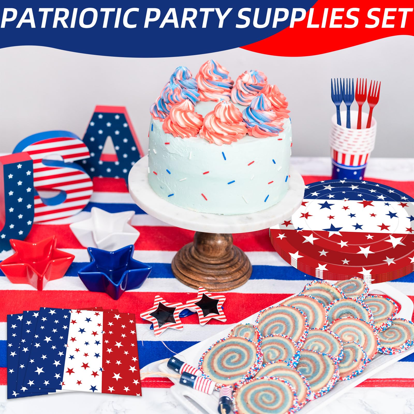 100 Pcs Patriotic Party Supplies Set, Serves 25 - Disposable Red White Blue Star Paper Plates, Napkins, and Forks, American Flag Themed Tableware