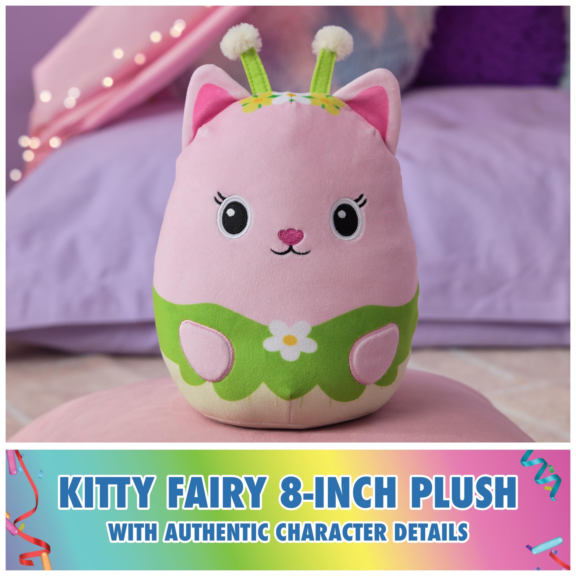 Gabby’s Dollhouse Official Kitty Fairy Squishy Plush Toy, Cat Stuffed Animal, Squishy Toys for Ages 1 & Up, Pink/Green, 8”