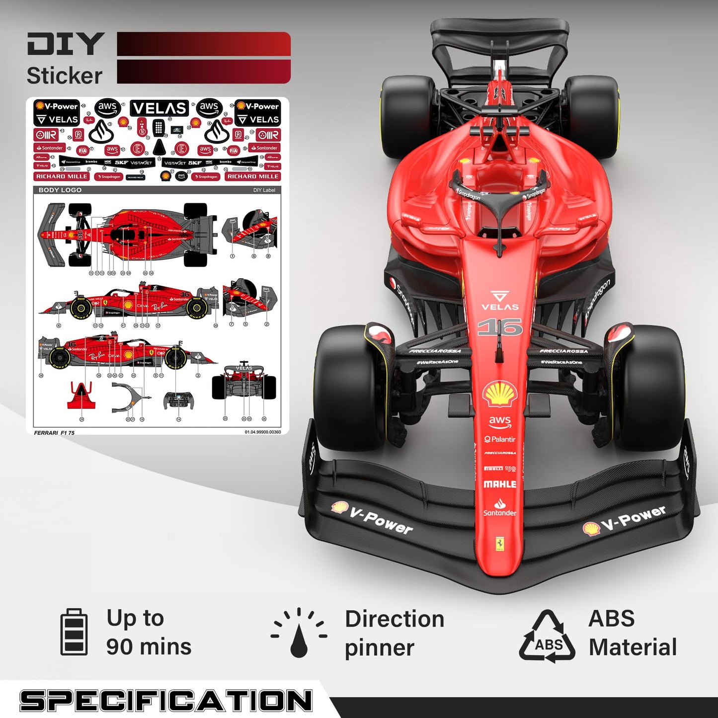 Voltz Toys Authentic Licensed 1:18 Ferrari F1 75 Remote Control Car - F1 Collection RC car Series for Kids and Adults - 2.4GHz RC Car for Gift (1:18