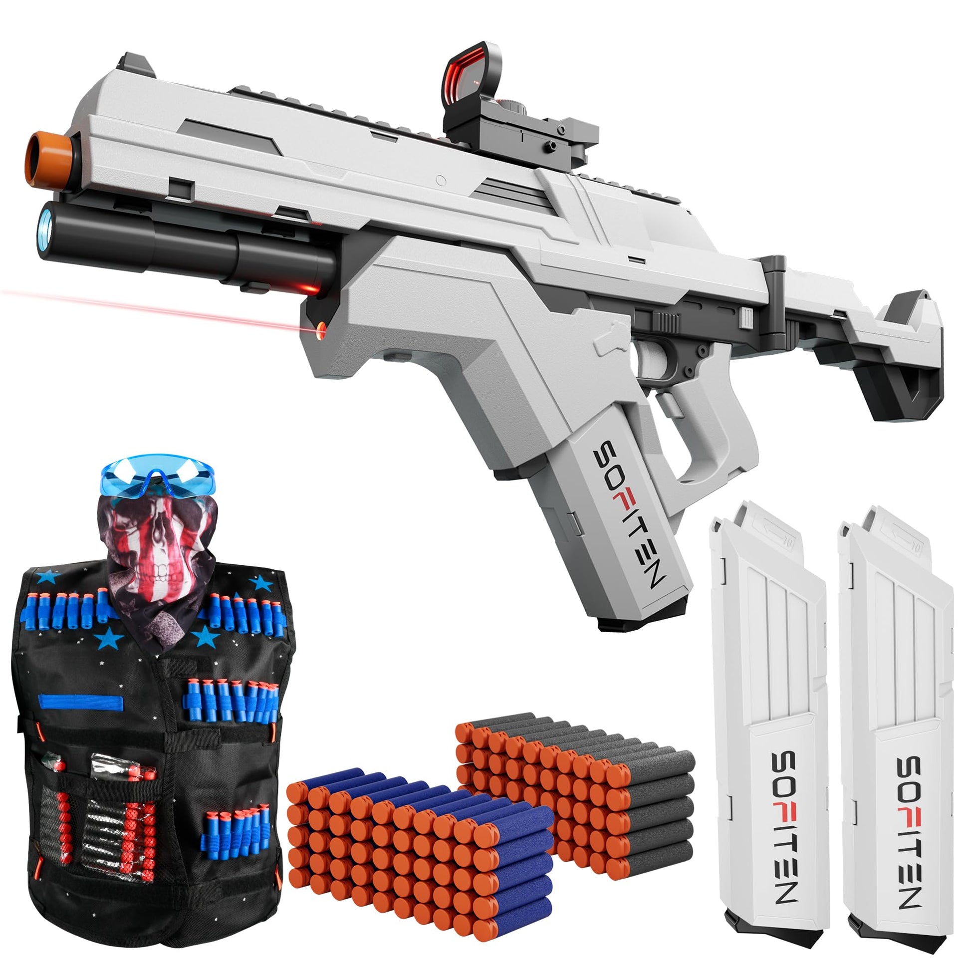 SOFITEN Toy Gun Automatic Sniper Rifle Tactical Vest Toy Foam Blaster with Flashlight Foldable Stock The Shooting Activity Game for Kids Age 8-12