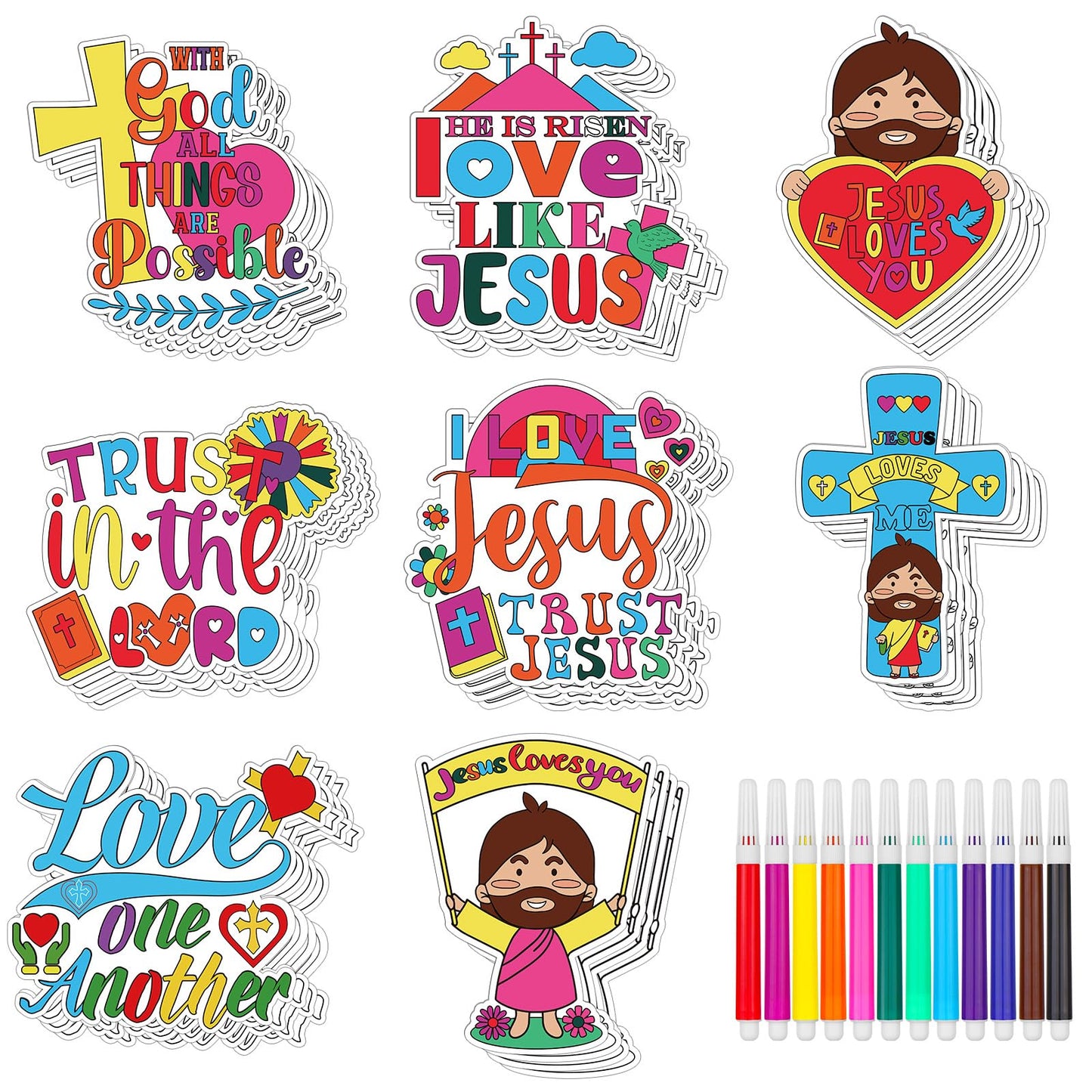 XEQWZVFR 40 Sets Christian Crafts for Kids Coloring Card Fridge Magnet Coloring Pen Religious Sunday School Craft Jesus Loves Me Color Your Own DIY