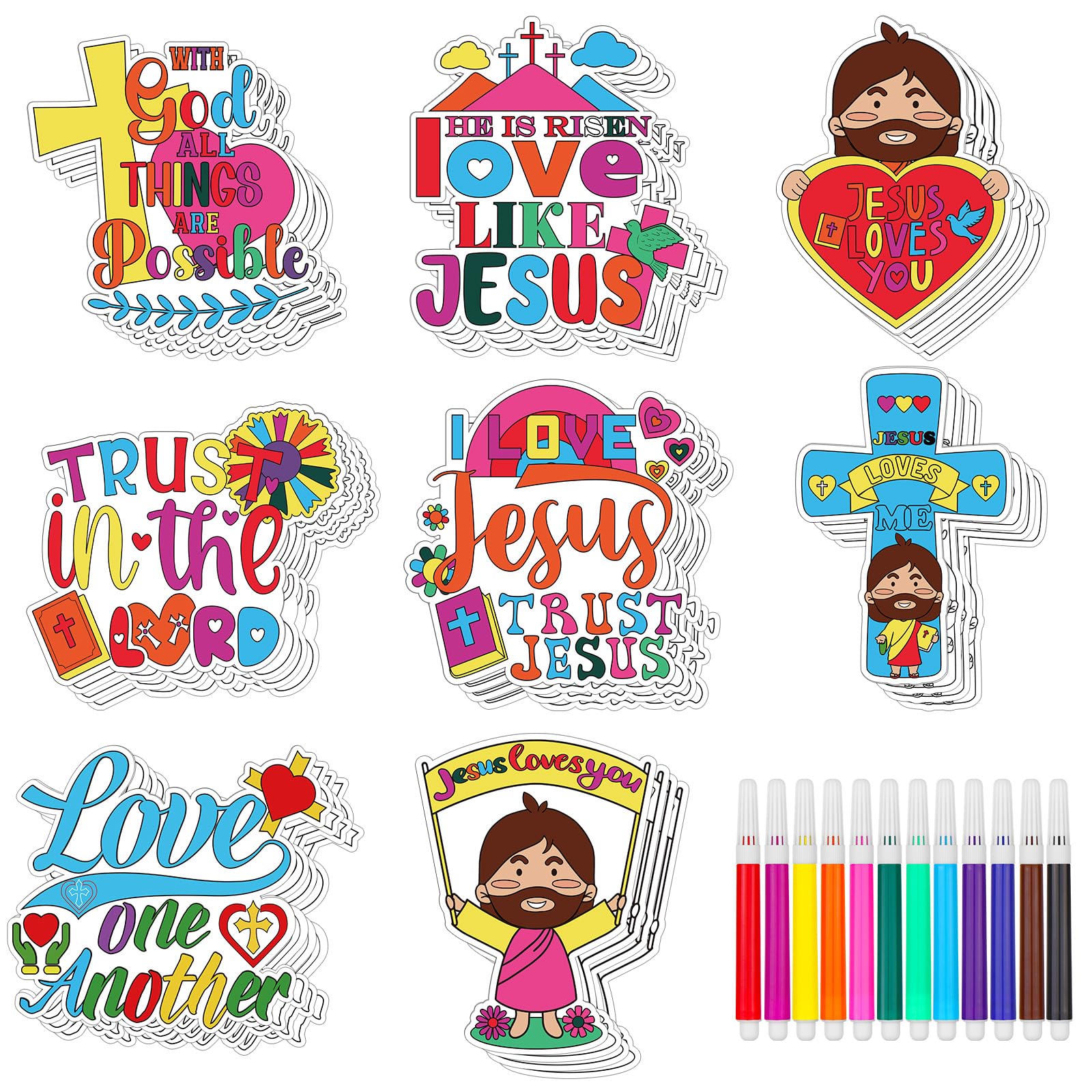 XEQWZVFR 40 Sets Christian Crafts for Kids Coloring Card Fridge Magnet Coloring Pen Religious Sunday School Craft Jesus Loves Me Color Your Own DIY