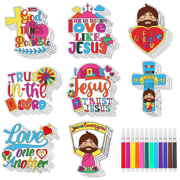 XEQWZVFR 40 Sets Christian Crafts for Kids Coloring Card Fridge Magnet Coloring Pen Religious Sunday School Craft Jesus Loves Me Color Your Own DIY