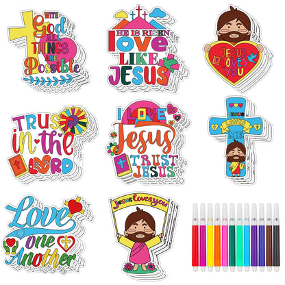 XEQWZVFR 40 Sets Christian Crafts for Kids Coloring Card Fridge Magnet Coloring Pen Religious Sunday School Craft Jesus Loves Me Color Your Own DIY