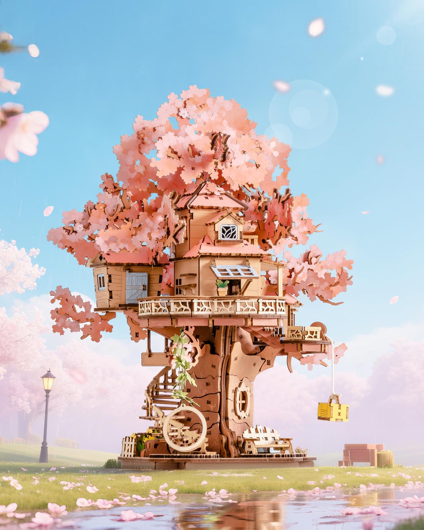 ROBOTIME DIY Miniature House Kits for Adults, 3D Wooden Puzzles for Teenager, Japanese Cherry Blossom Tree Sakura Bonsai Plants for Birthday Gifts