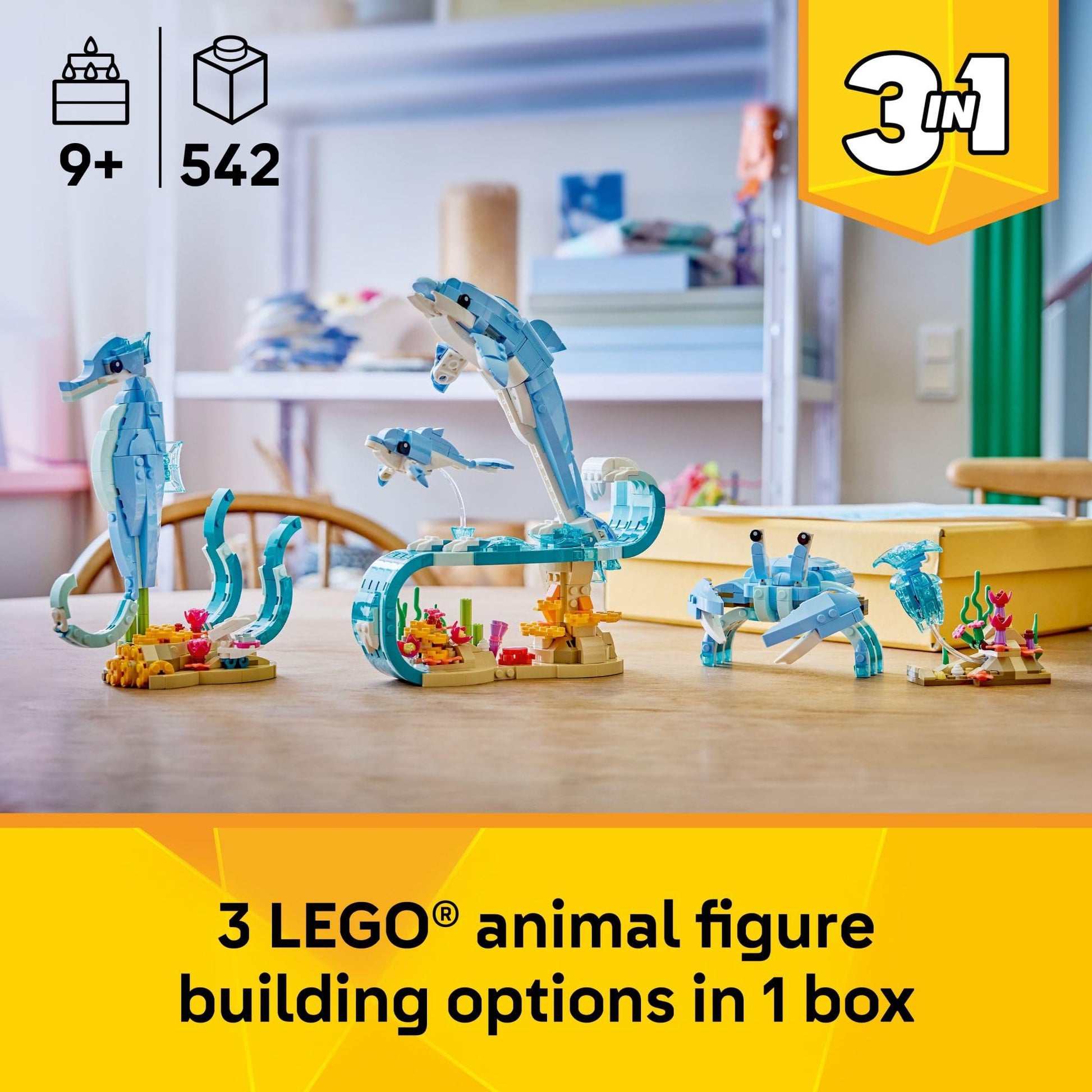 LEGO Creator 3 in 1 Sea Animals: Beautiful Dolphins Building Toy for Girls, Boys, & Kids, Ages 8+ - Gift for Birthdays - Build a Dolphin, Seahorse, or