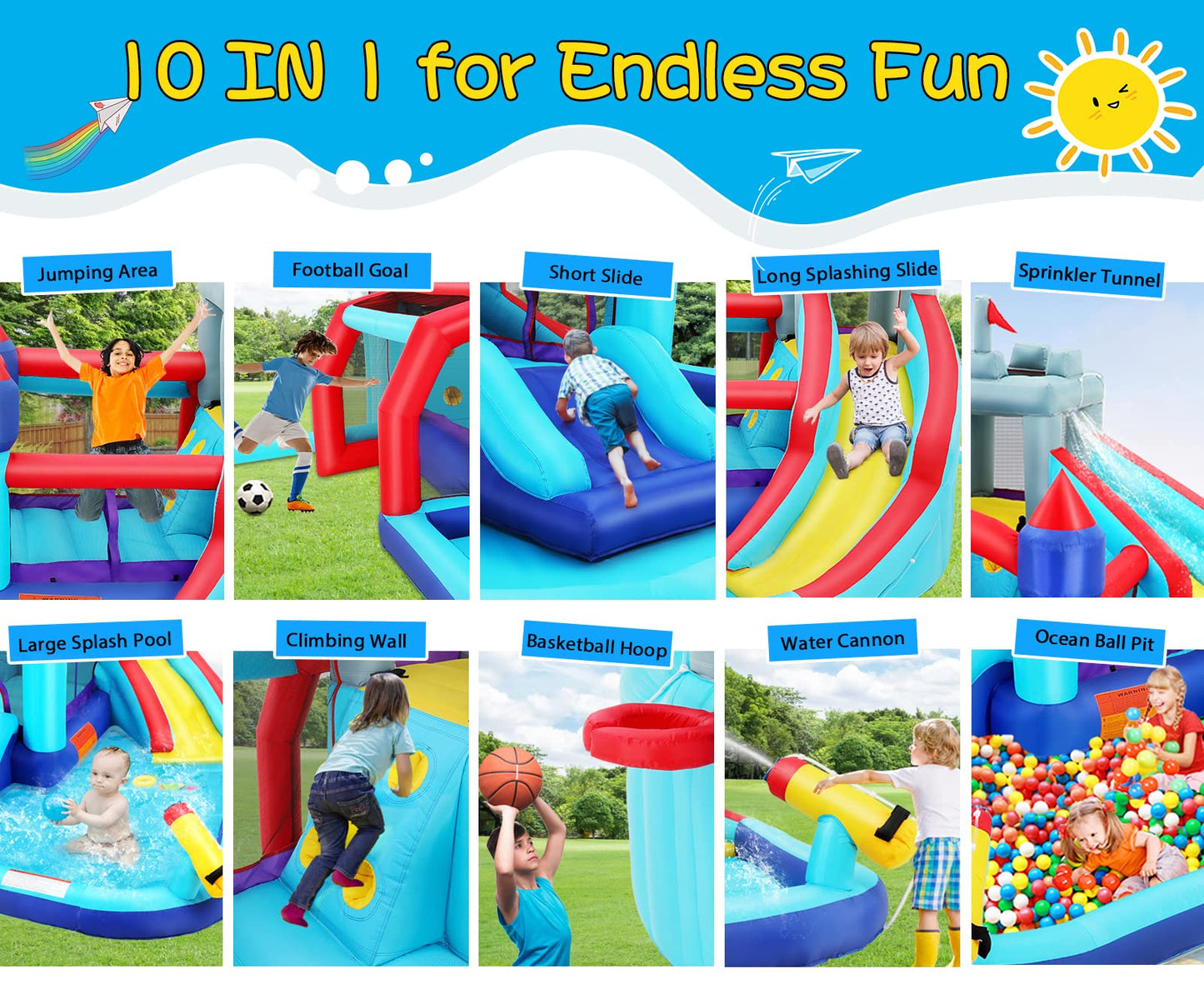 Wesoky Bounce House Water Slide for Kids, 10 in 1 Big Waterslide Inflatable Water Park with Splash Pool Long Slide Sprinkler Blower, Blow up Water