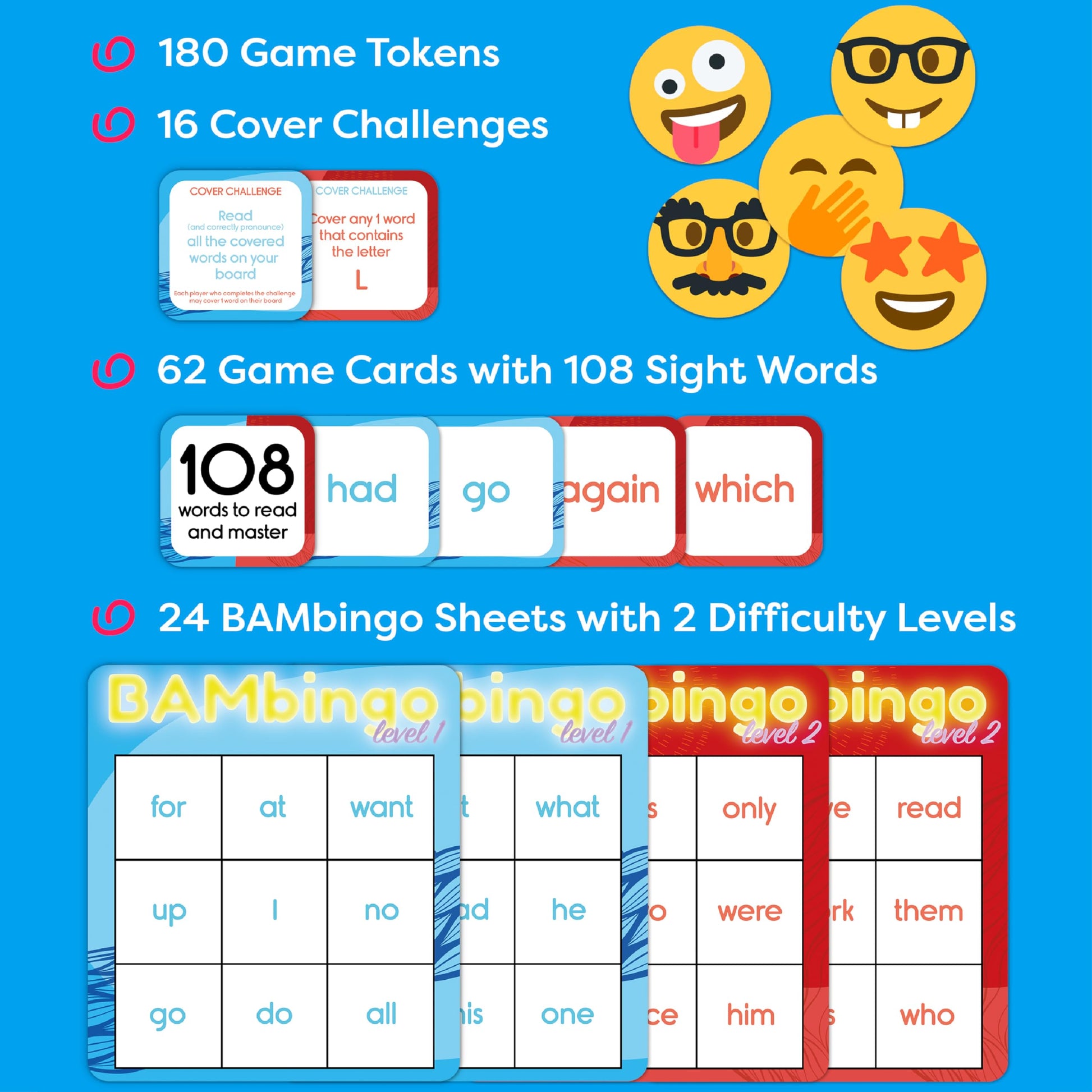 THE BAMBINO TREE Sight Word Bingo Game Level 1 and 2 - Educational Games for Kids - Learn to Read Vocabulary for Kindergarten 1st Grade - Dolch's