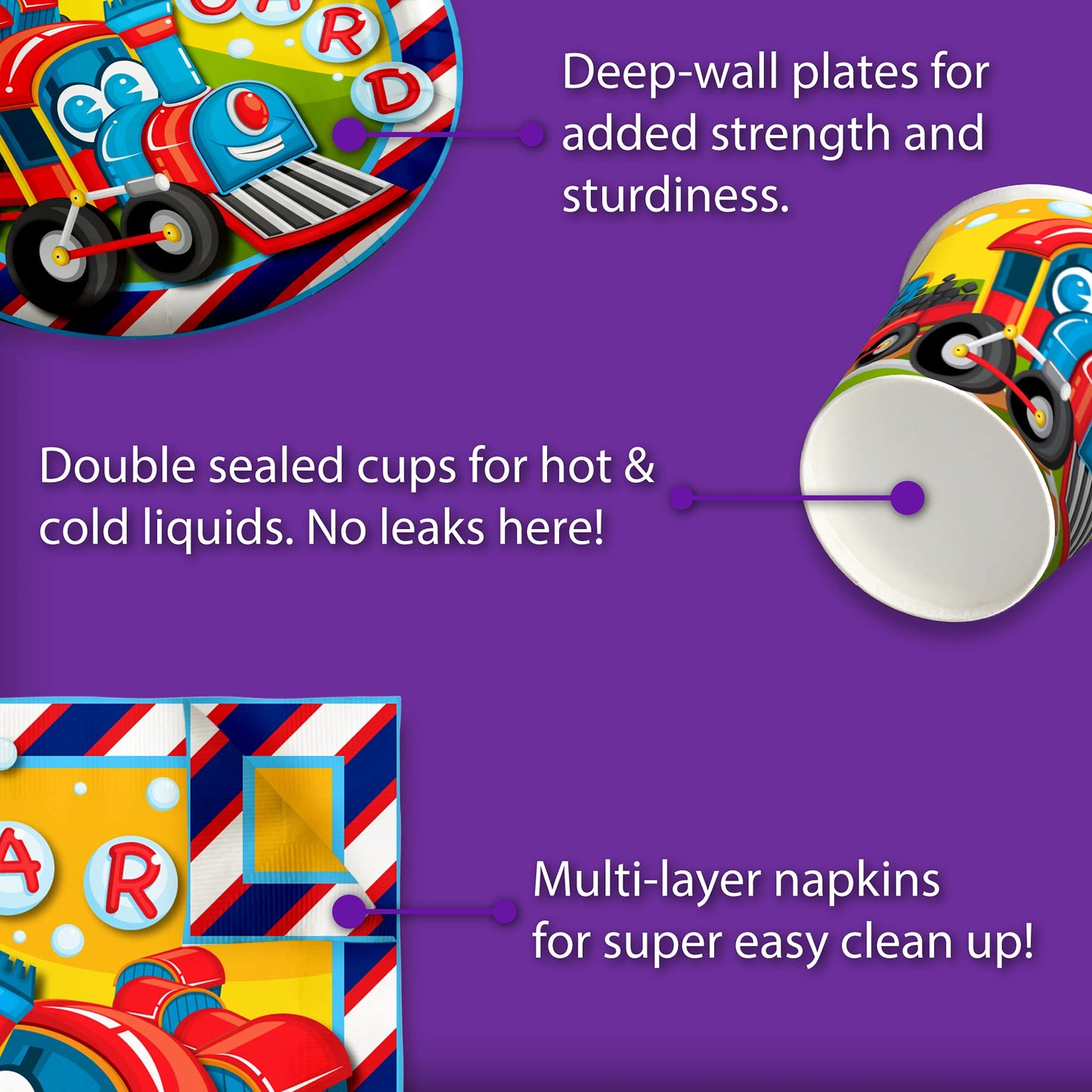 All Aboard! Train Birthday Party Supplies Set Plates Napkins Cups Tableware Kit for 16