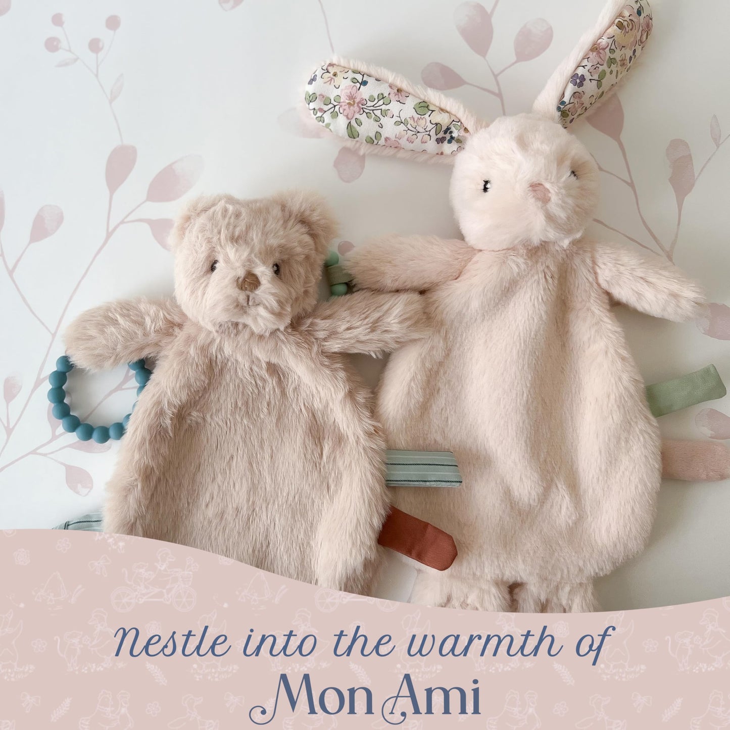 MON AMI Rosie Bunny Teether Lovey, 12-Inch Baby Security Blanket Gift