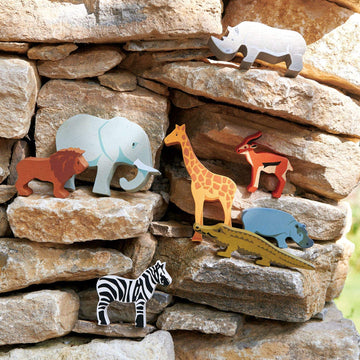 Tender Leaf Toys Safari Animals - 8 Wooden Zoo Figurines with a Display Shelf -Classic Toy for Pretend Play - Develops Social, Creative & Imaginative