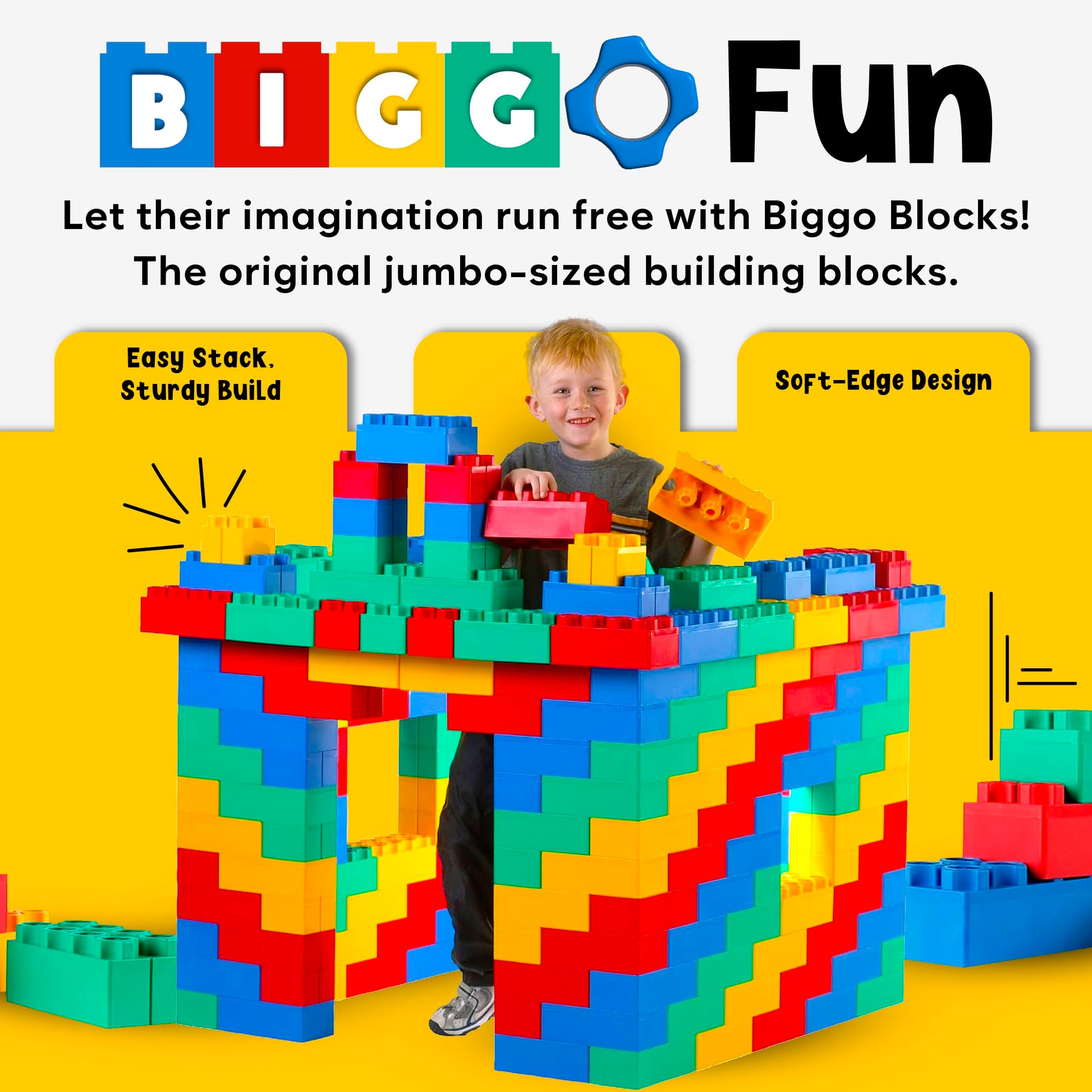 BiggoBlocks Big Blocks for Kids Ages 4-8 - Indoor & Outdoor Blocks for Kids Games - Large Building Blocks (36 pc with 3 Cars) Train Set