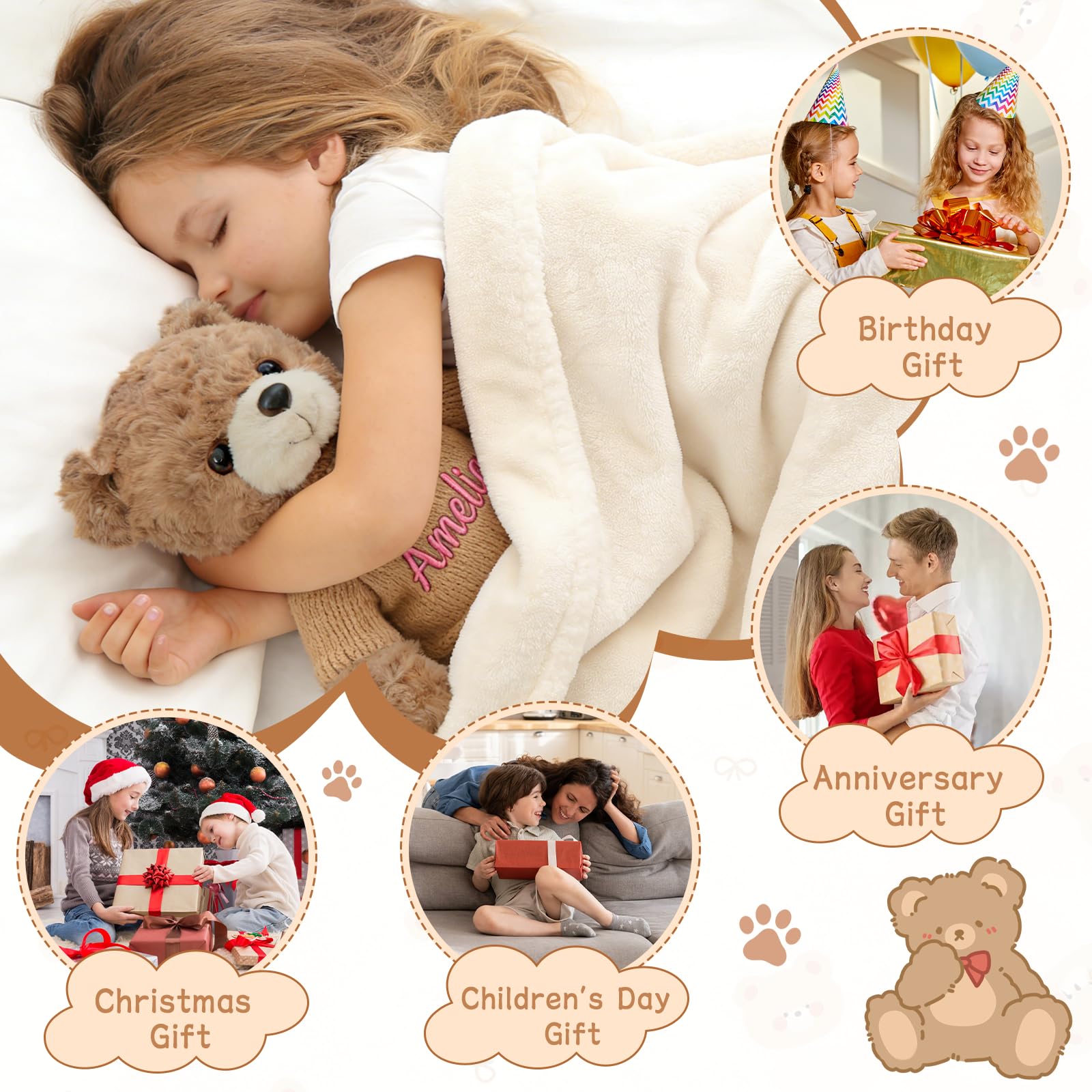 aoemgnj Personalized Teddy Bear with Custom Embroidered Name, 10/12/16 Inch Soft Plush Stuffed Animal, Valentine's Day Birthday for Girlfriend