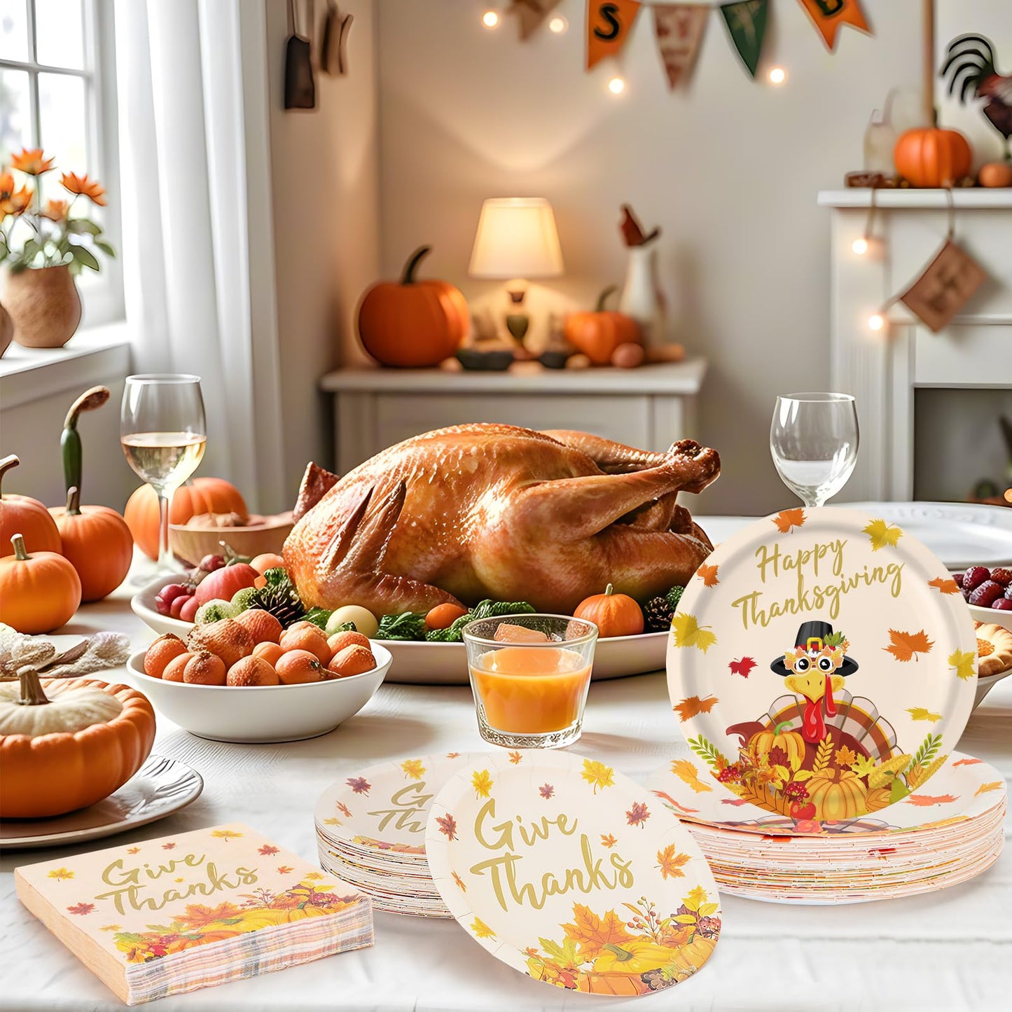150 Pcs Thanksgiving Plates and Napkins Sets - Happy Thanksgiving Round Tableware, Disposable Fall Turkey Give Thanks Paper Dinner Dessert Plates