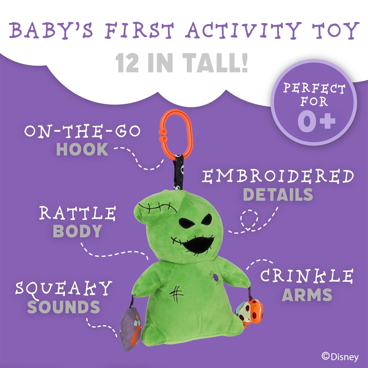 Kids Preferred Disney Baby Nightmare Before Christmas Oogie Boogie On The Go Activity Toy with On The Go Clip, Crinkle, Squeaker, and Rumble Sound