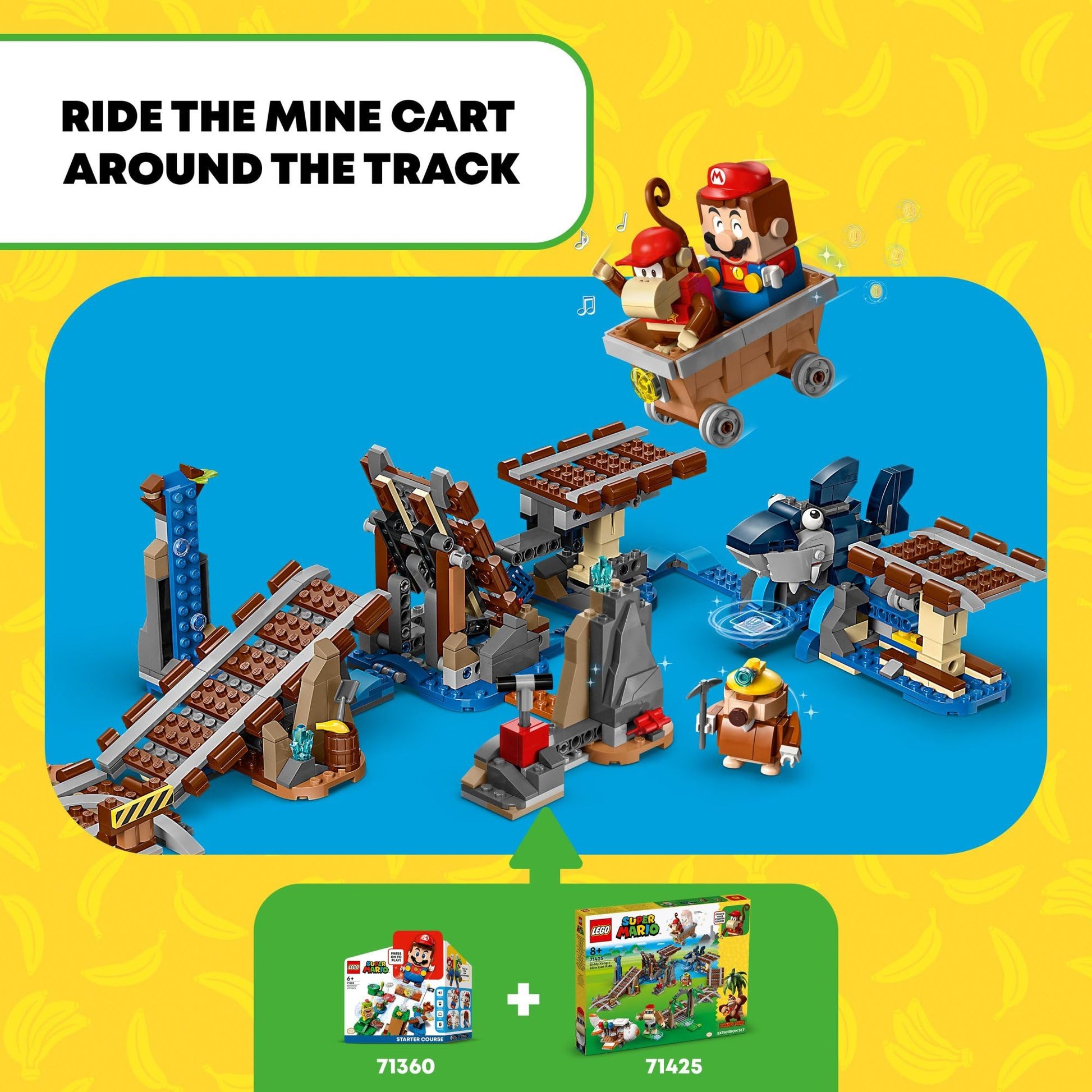 LEGO Super Mario Diddy Kong's Mine Cart Ride Expansion Set 71425, Collectible Building Toy with Brick Built Funky Kong Figure, Super Mario Gift Set