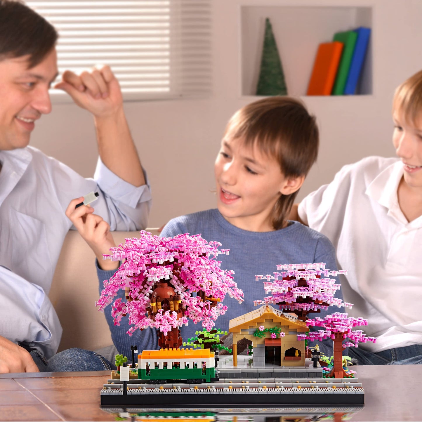 TEXXXIAN Cherry Blossom Micro Building Blocks Set, Japanese Creative Mini Bricks Model Flower Train Station Architecture for Adults and Kids Age 14+