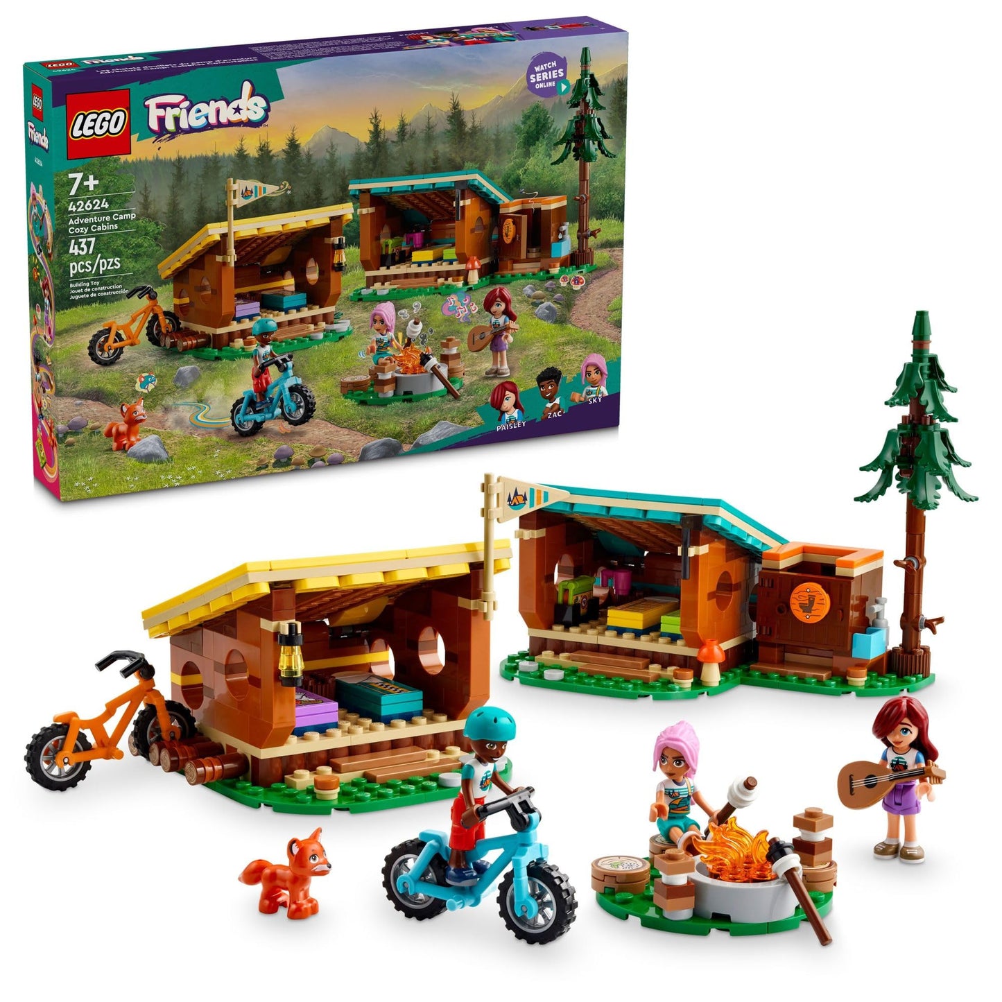 LEGO Friends Adventure Camp Cozy Cabins Camping Toy, Kids’ Nature Playset, Pretend Play Toy with 3 Mini Doll Characters and a Fox Figure, Birthday