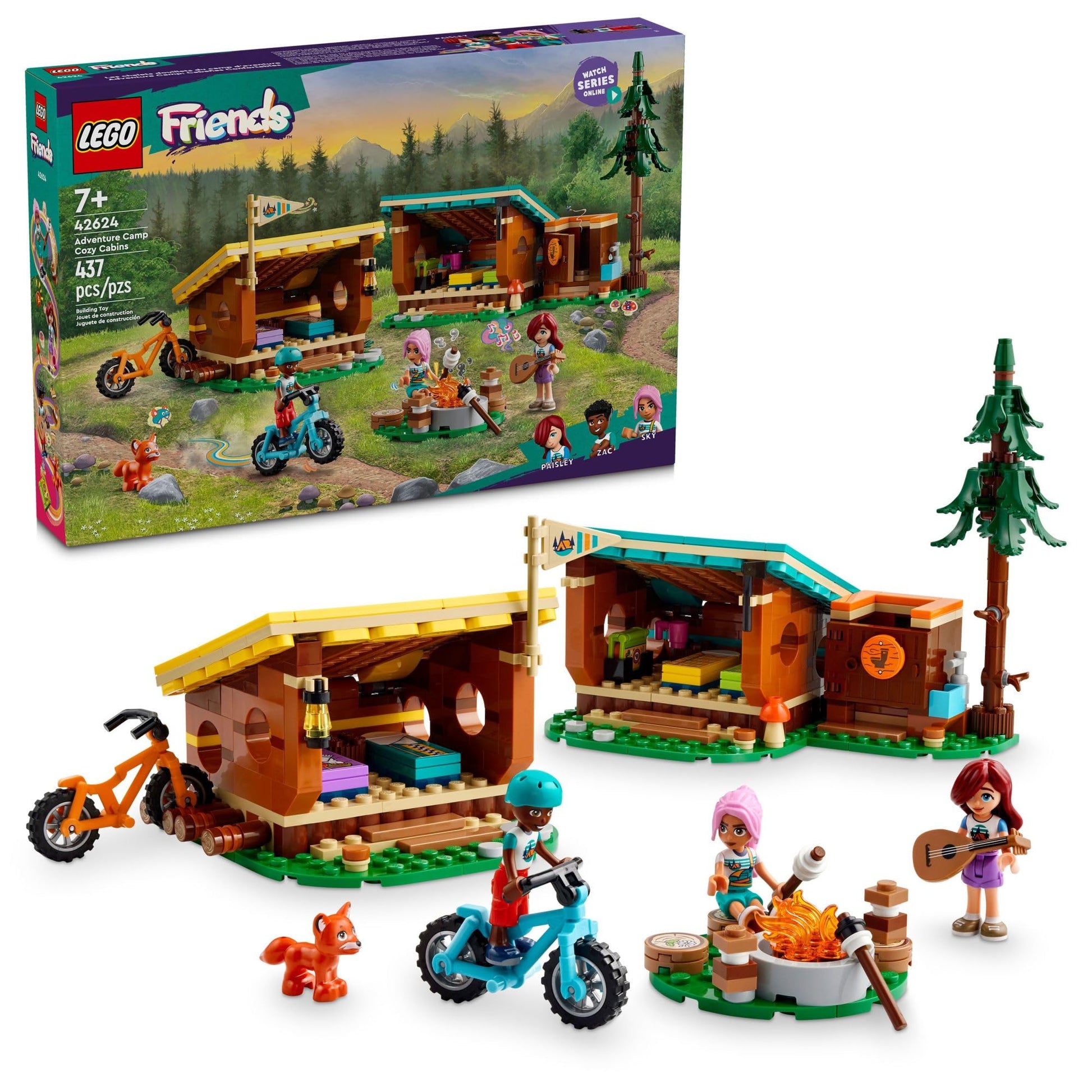 LEGO Friends Adventure Camp Cozy Cabins Camping Toy, Kids’ Nature Playset, Pretend Play Toy with 3 Mini Doll Characters and a Fox Figure, Birthday