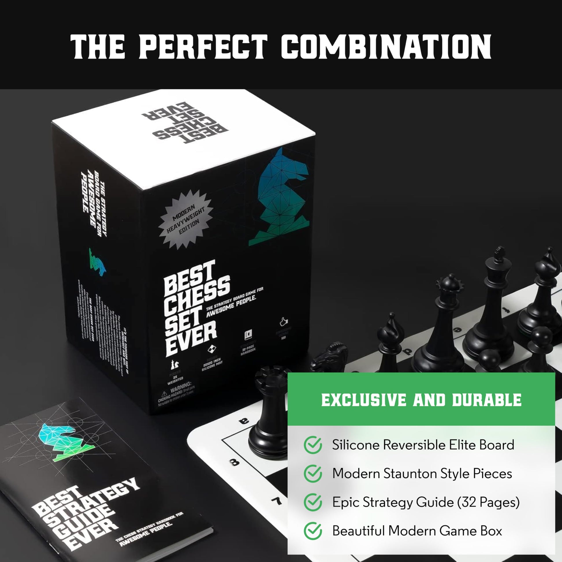 Best Chess Set Ever 3X Tournament Modern Chess Set with Weighted Staunton Pieces, 20x20 Double-Sided Silicone Board, Strategy Guide and Storage Bags