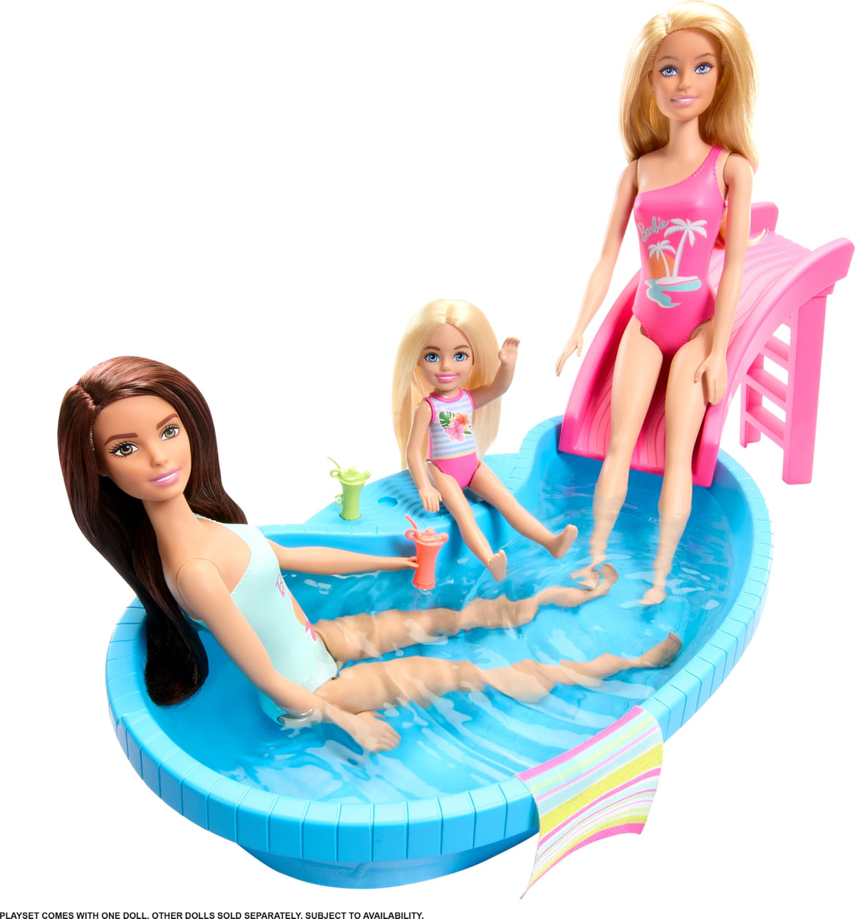 Barbie Doll & Pool Playset, Brunette in Seafoam Blue One-Piece Swimsuit with Pool, Slide, Towel & Drink Accessories