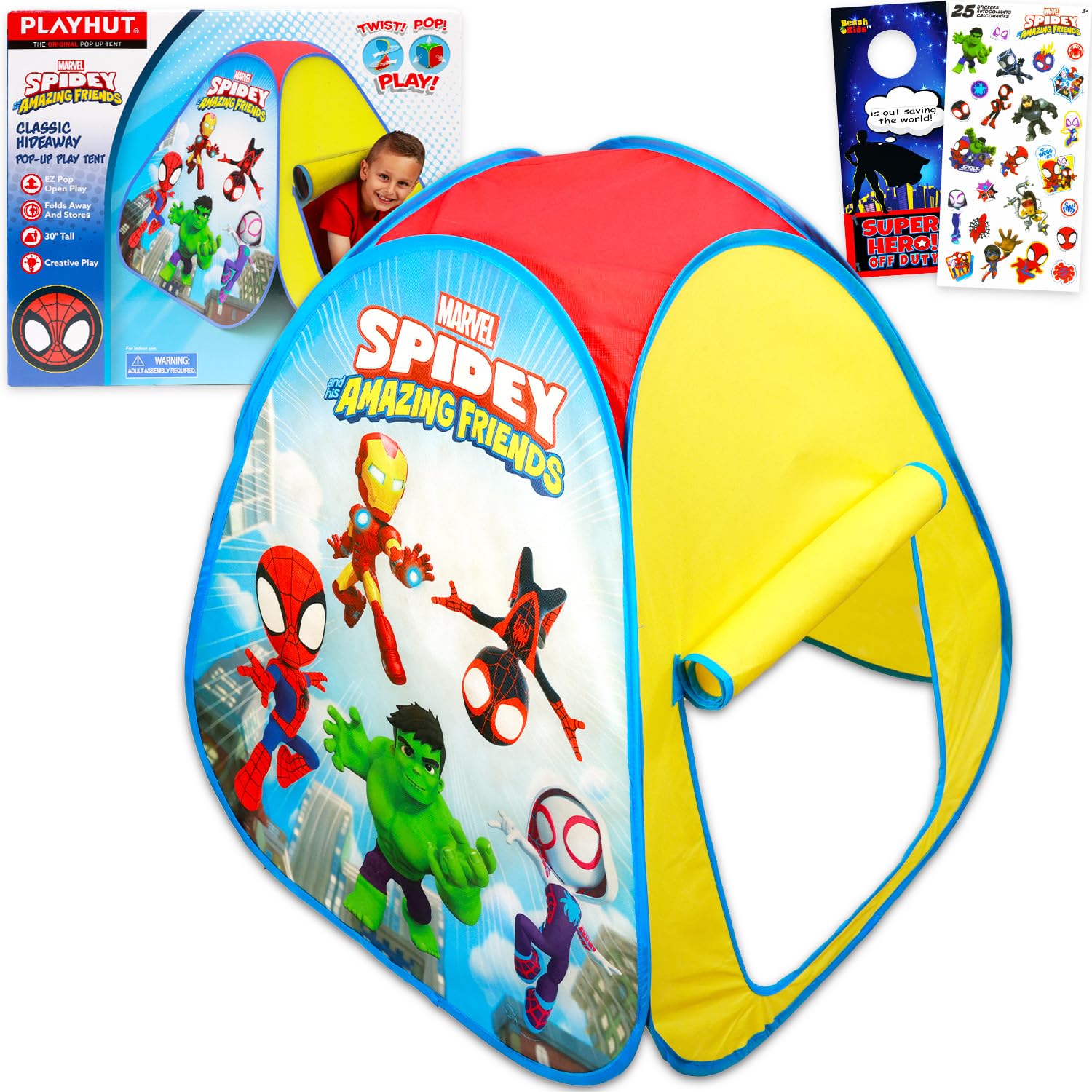 Spidey and Friends Pop Up Tent - Bundle with Marvel Play Tent Plus Stickers, More | Spidey and His Amazing Friends Tent for Kids, Toddlers