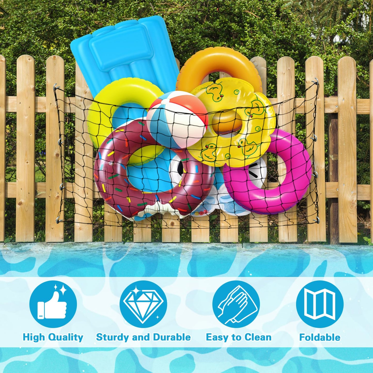71 x 47 in Large Pool Toy Float Storage Net with 20 Hooks and 20 Cable Ties