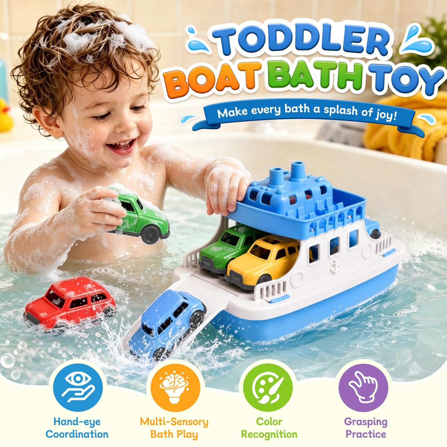 Ferry Bath Toy with Mini Cars, Floating Toy Boat & Slide-Out Ramp Water Play Set for Bath, Pool & Beach, Ages 3+