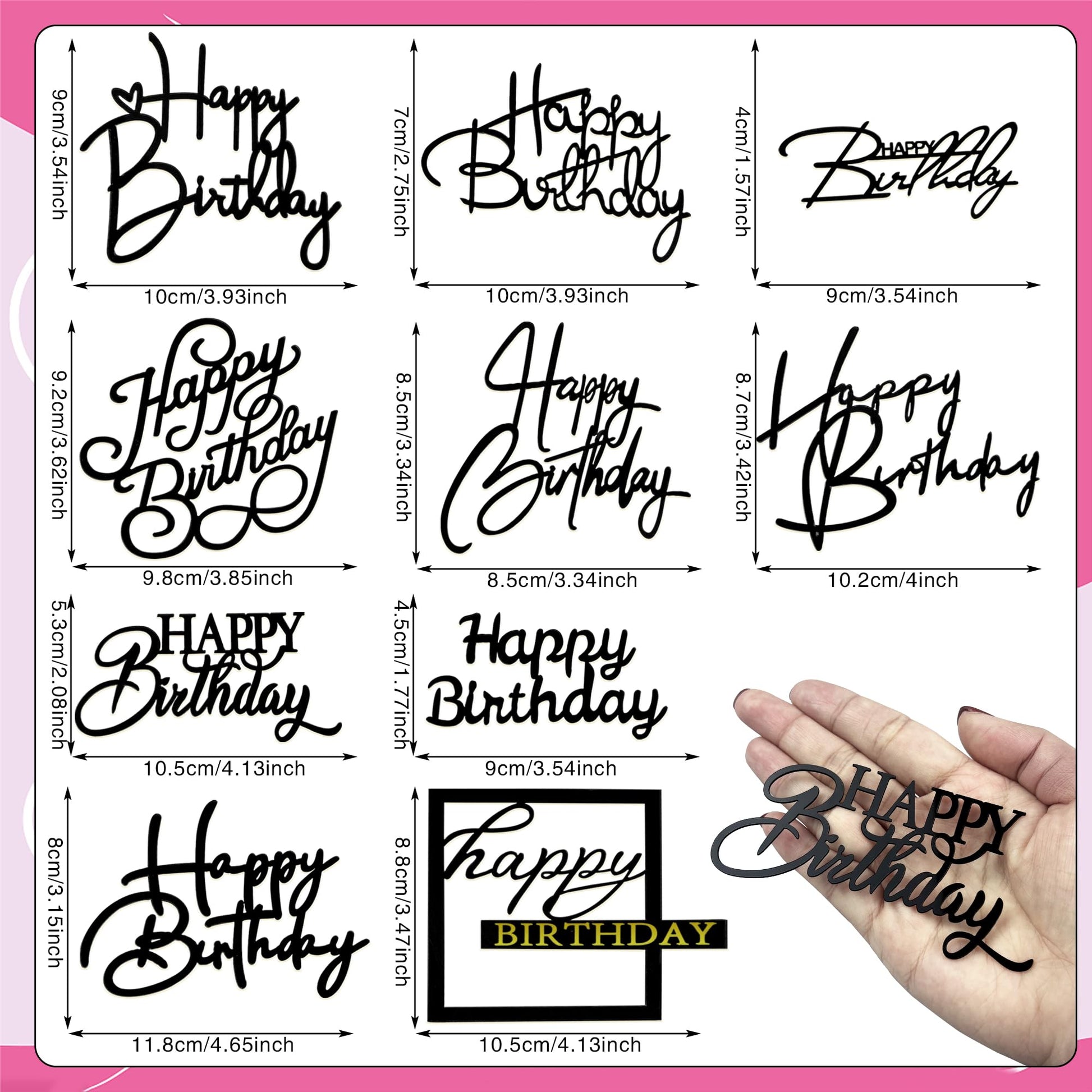 10 PCS Silver Happy Birthday Acrylic Cake Toppers Mirrored Side Cake Decorations Inserts 10 Styles (Black)