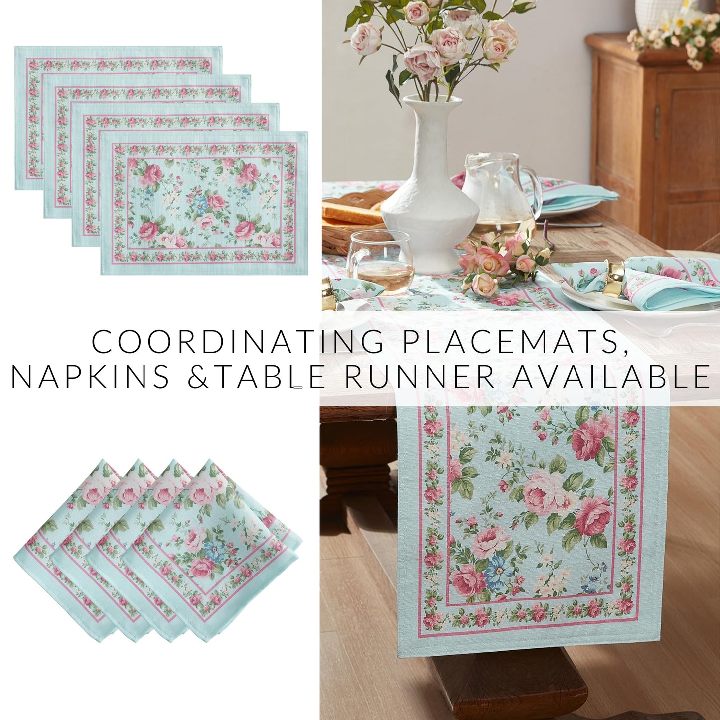 Elrene Home Fashions Spring Summer Vintage Floral Garden Cottage Border Fabric Rectangle Tablecloth, 60"x84"