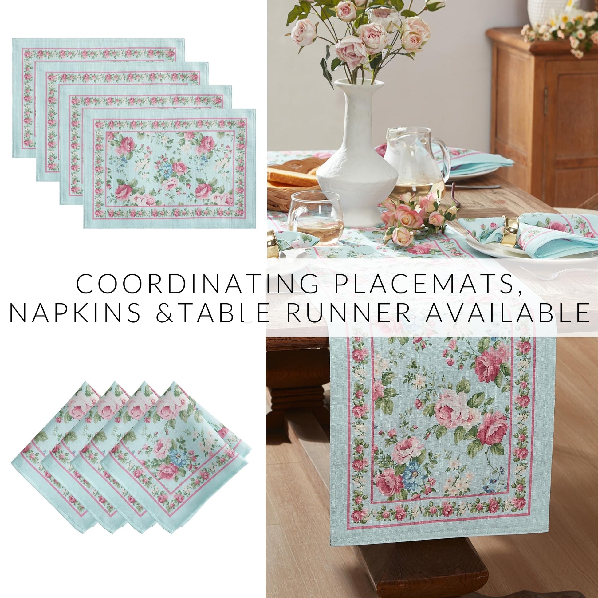 Elrene Home Fashions Spring Summer Vintage Floral Garden Cottage Border Fabric Rectangle Tablecloth, 60"x84"