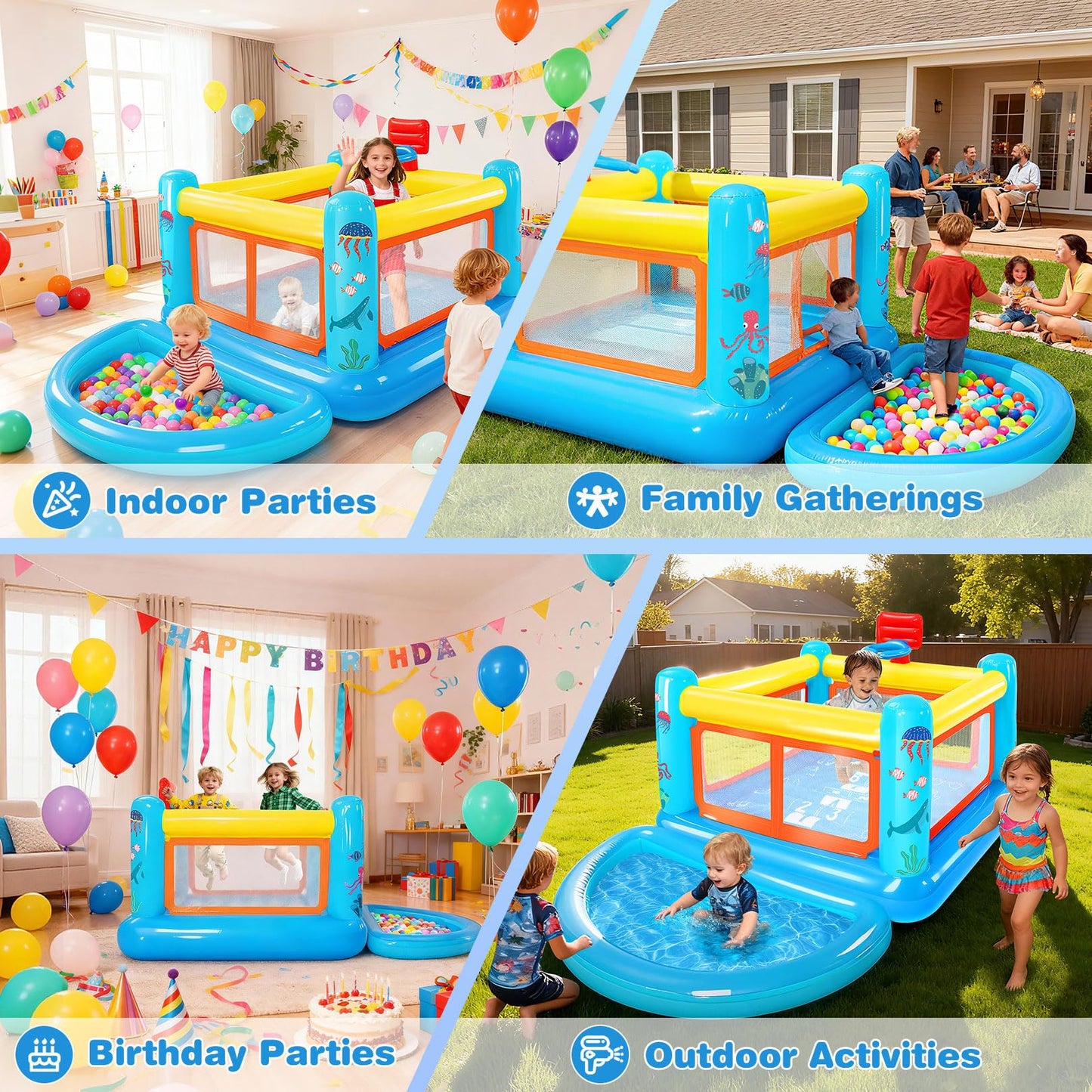 AKEYDIY Bounce House for Kids 3-6, Indoor/Outdoor Inflatable Bouncy Castle with Removable Ball Pit, Hopscotch Game, Basketball Hoop & Air Blower