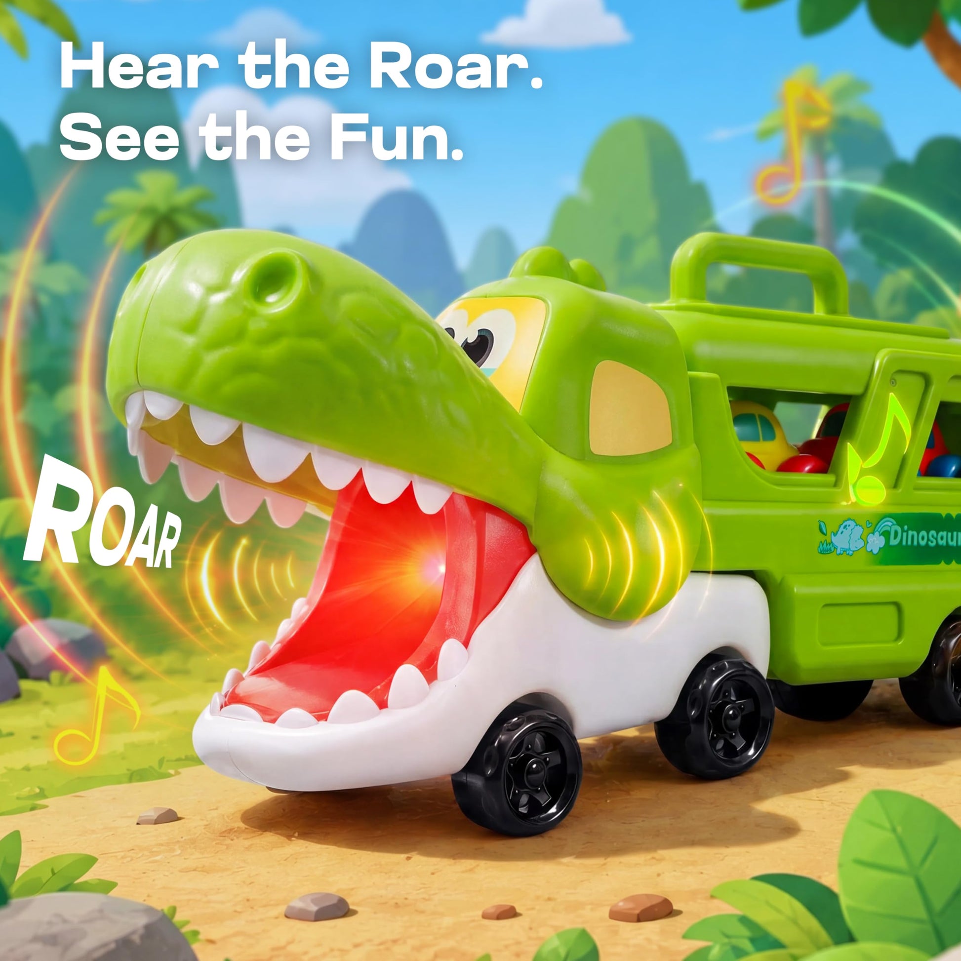 JOYIN Dinosaur Toys for Kids 18M+, Dinosaur Carrier Truck with 3 Rubber Car Vehicles Internal Slide Rails, Todder Toys with Music & Lights Birthday