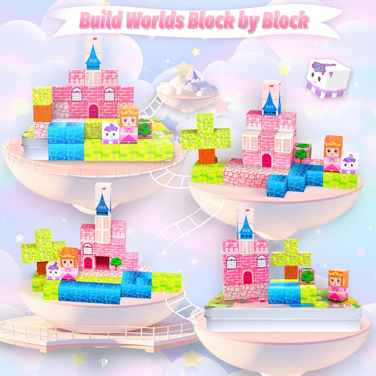 CEMECER Travel Magnetic Cubes, Princess STEM Building Blocks for Plane Road Trips, Magnetic Construction Toys for Kids