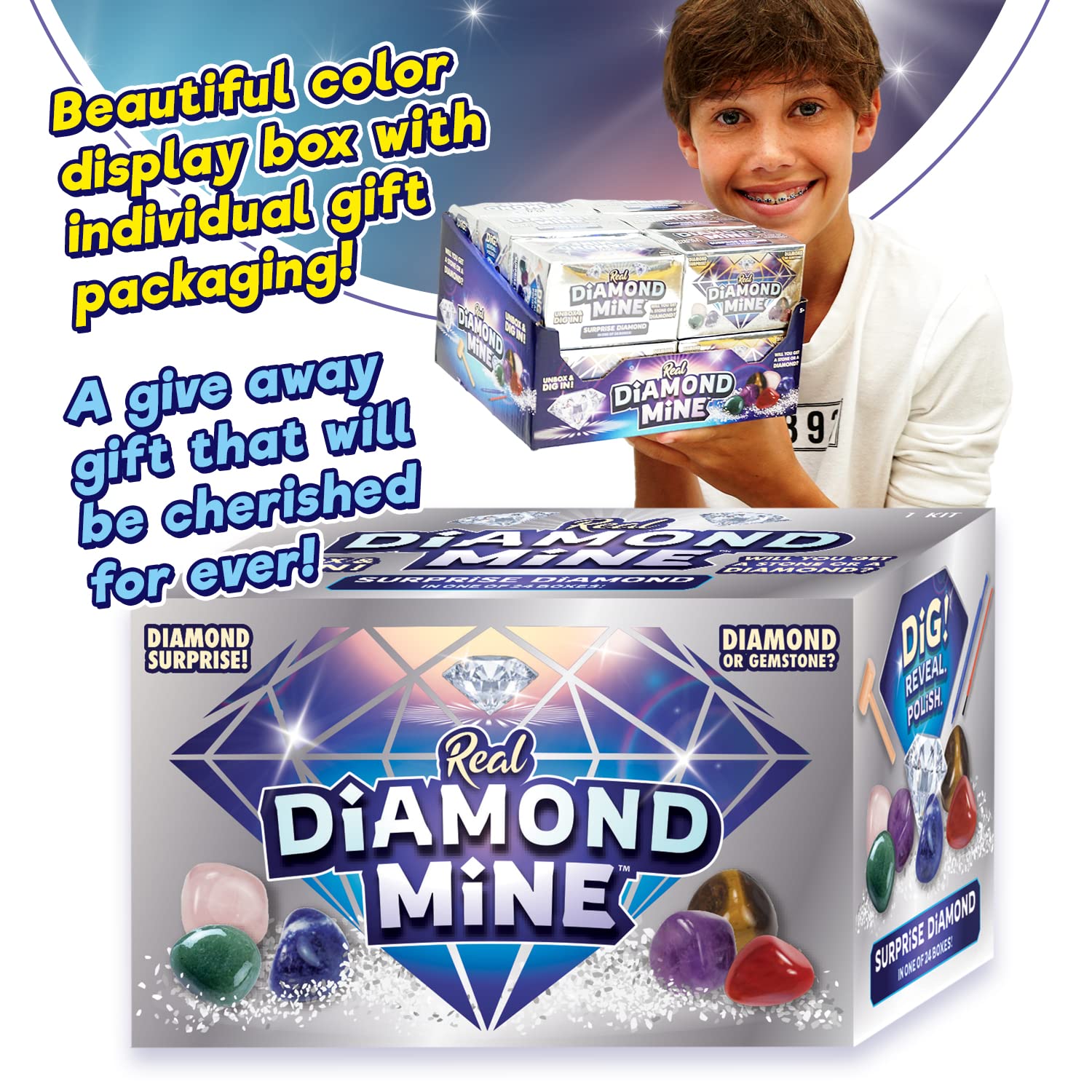 JA-RU Real Diamond Mine Gemstone Dig Kit (2 Packs) Mystery Rock, Minerals, and Gems for Kids | Break Your Own Geodes and a Chance to Get 1 Real